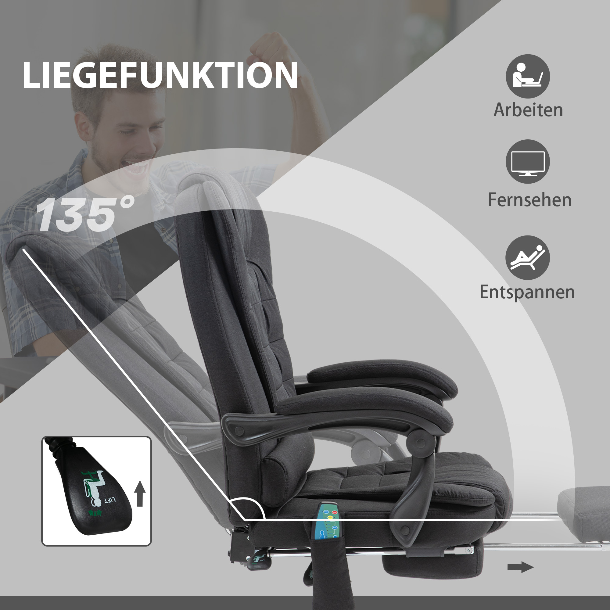 Massaažifunktsiooniga kontoritool, ergonoomiline lauatool lamamis- ja soojendusfunktsiooniga, kõrgus reguleeritav, must