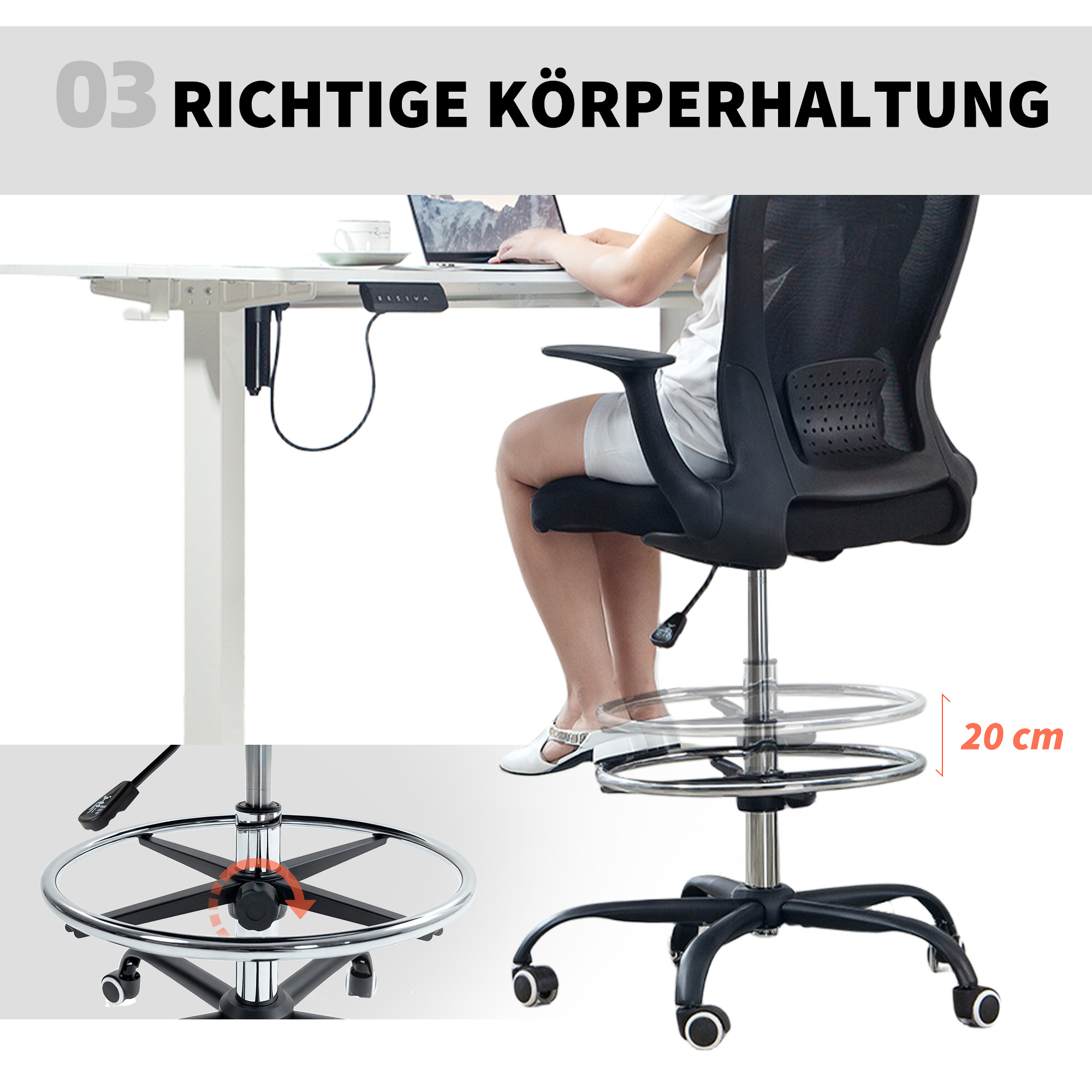 Kõrguse reguleerimisega kontoritool reguleeritava jalaratta ja nimmetoega, 62 x 59 x 119 cm, must