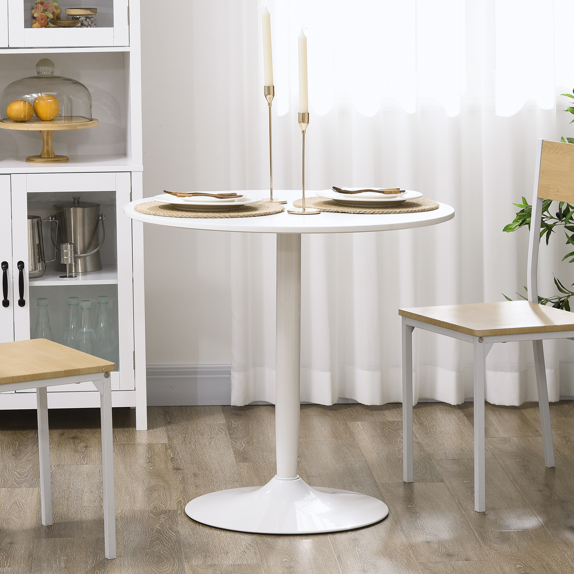 Söögilaud kahele inimesele, ümmargune lauaplaat Ø80 cm, MDF ja teras, libisemiskindel, valge, 75 cm