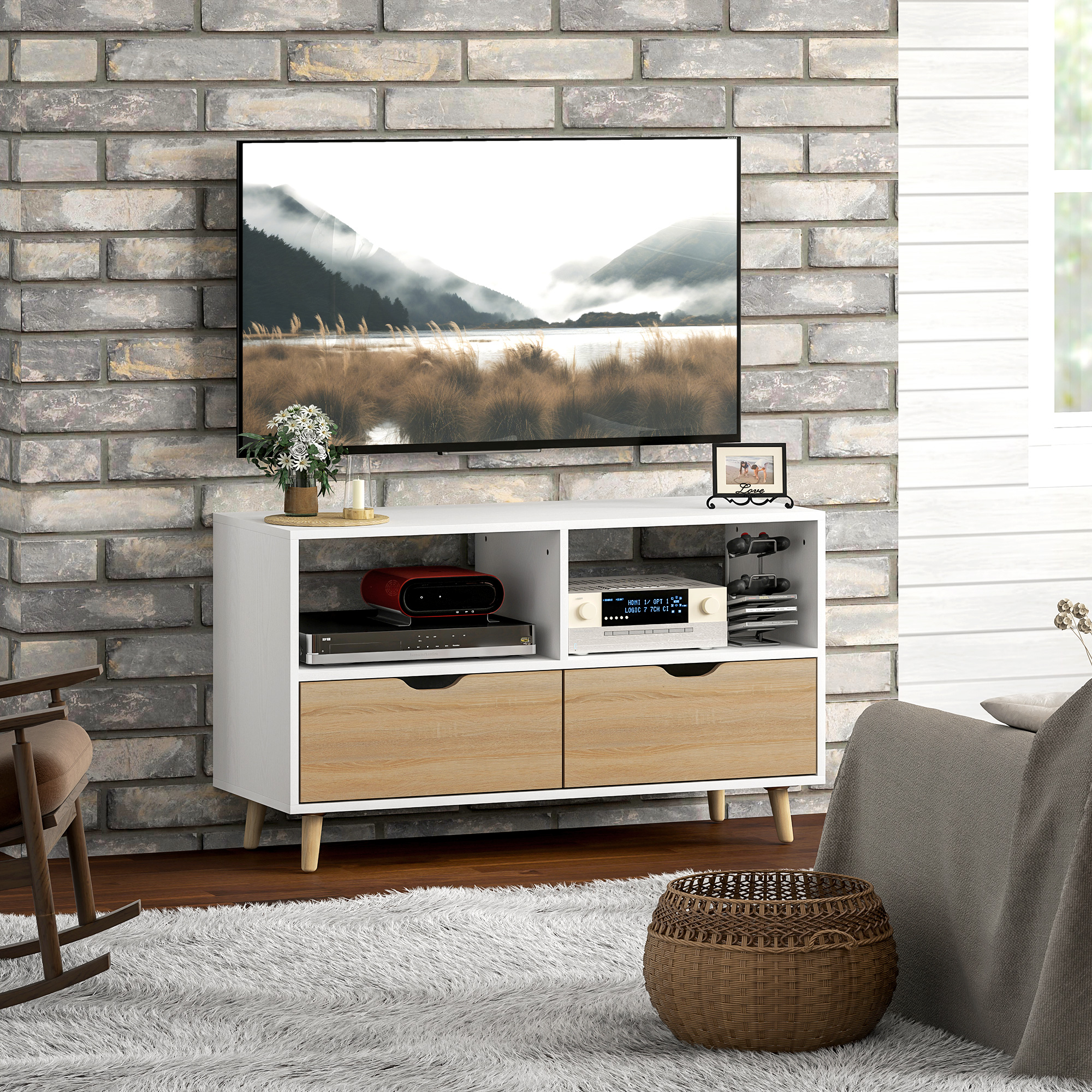 Televiisori kapp, sahtlitega telekakupp, avatud riiulid, puit, 99 x 39 x 58 cm, valge