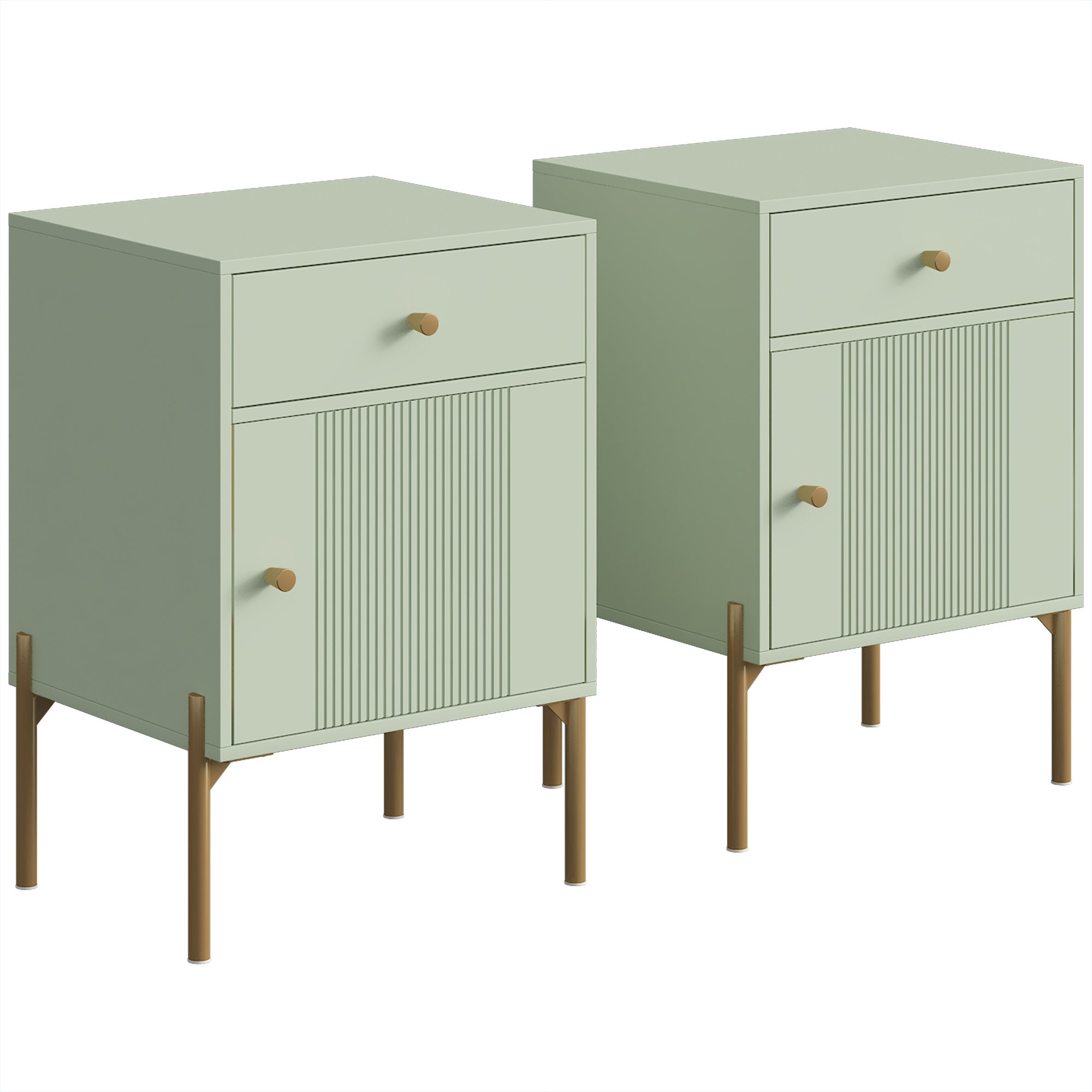 Homcom Modern End Table Set Of 2 With Drawer And Cabinet, Light Green, Green - Image 5