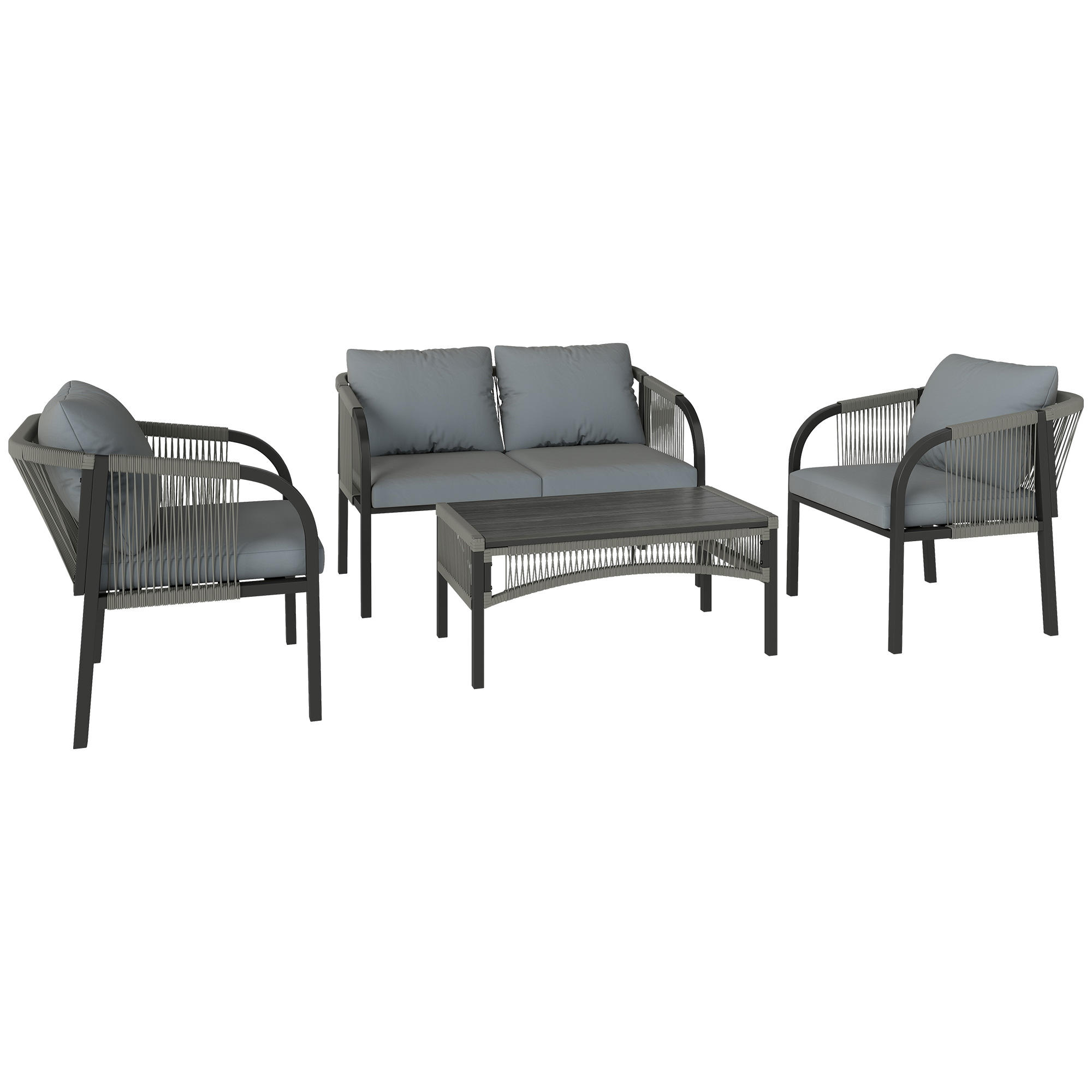 Outsunny 4 Piece Rattan Garden Furniture Set with Loveseat, Armchairs, Table, Steel Frame Wicker Patio Conversation Set, Grey Outsunny 4 Piece Rattan Garden Furniture Set with Loveseat, Armchairs, Table, Steel Frame Wicker Patio Conversation Set, Grey