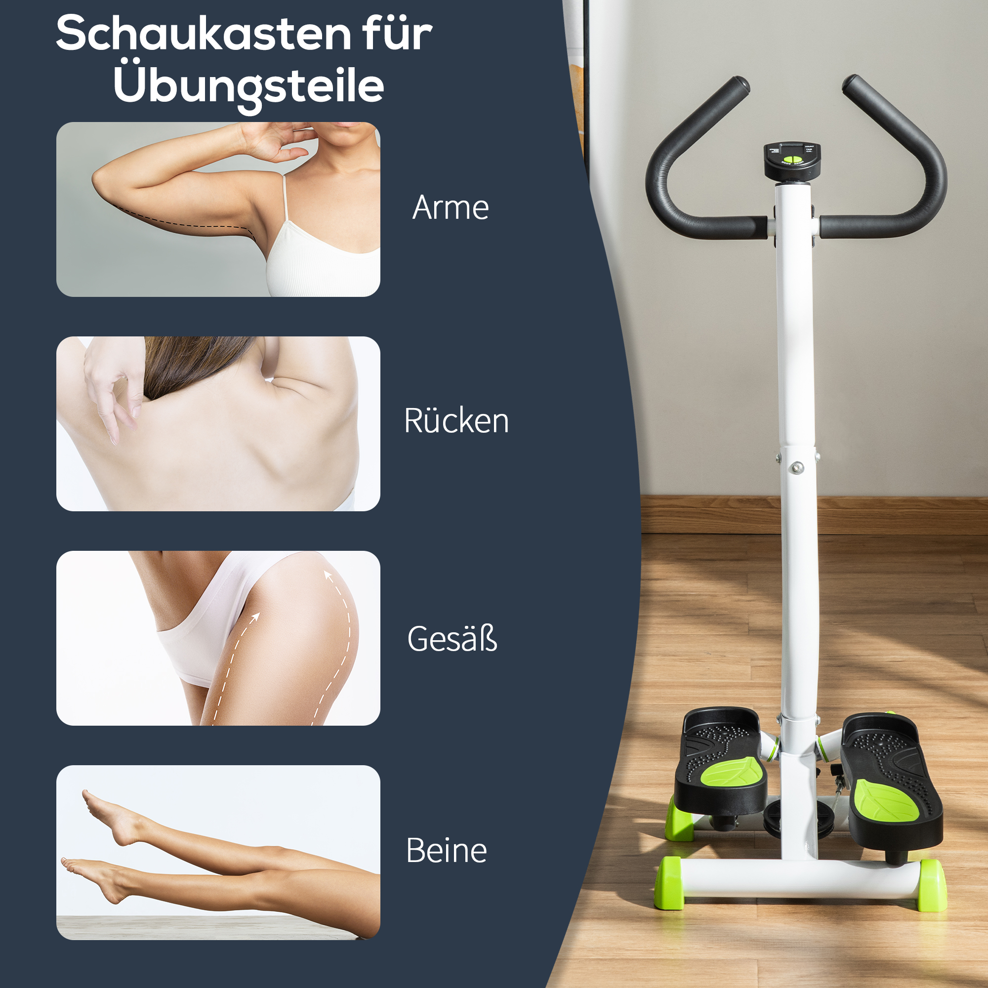 Stepper-treeningmasin, LCD-ekraan, libisemisvastased pedaalid, teras ja ABS, 55x44x108 cm, roheline+must