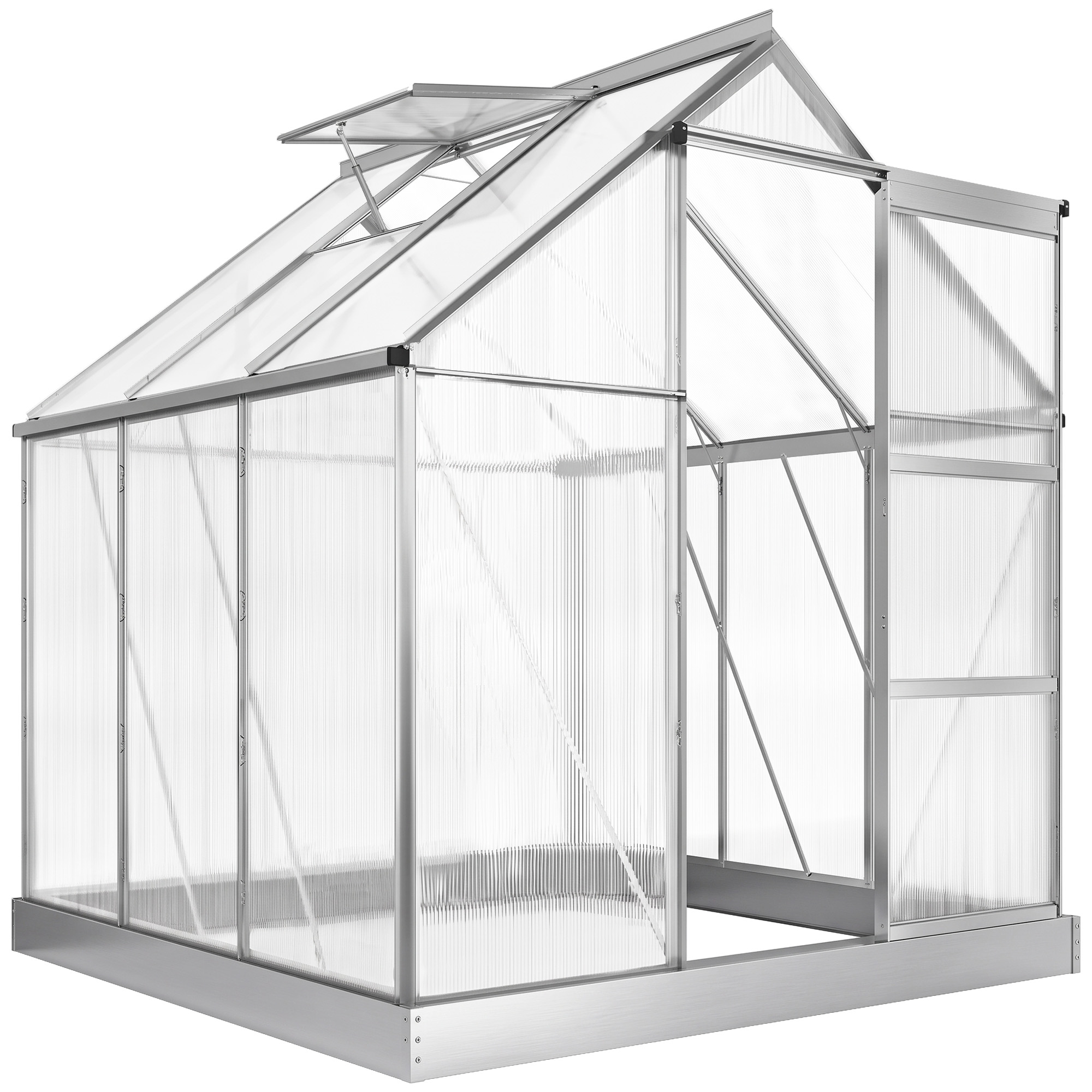 Outsunny 6 x 6ft Walk-In Greenhouse, Polycarbonate Greenhouse with Sliding Door, Window, Aluminium Frame, Foundation, Silver Outsunny 6 x 6ft Walk-In Greenhouse, Polycarbonate Greenhouse with Sliding Door, Window, Aluminium Frame, Foundation, Silver