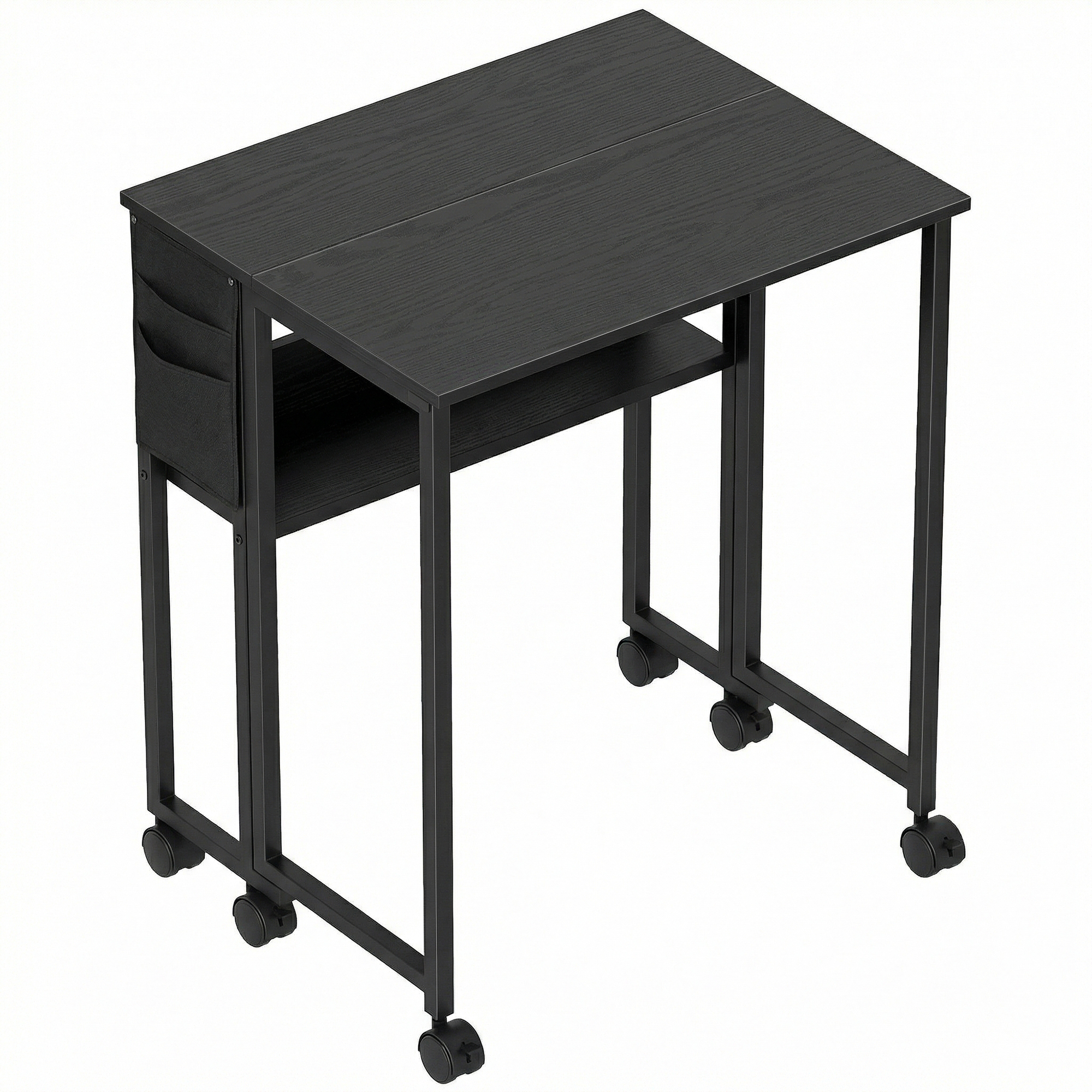 Bureau Pliant avec Plateau Ouvert et Pochette Latérale, en Bois et Acier, Noir
