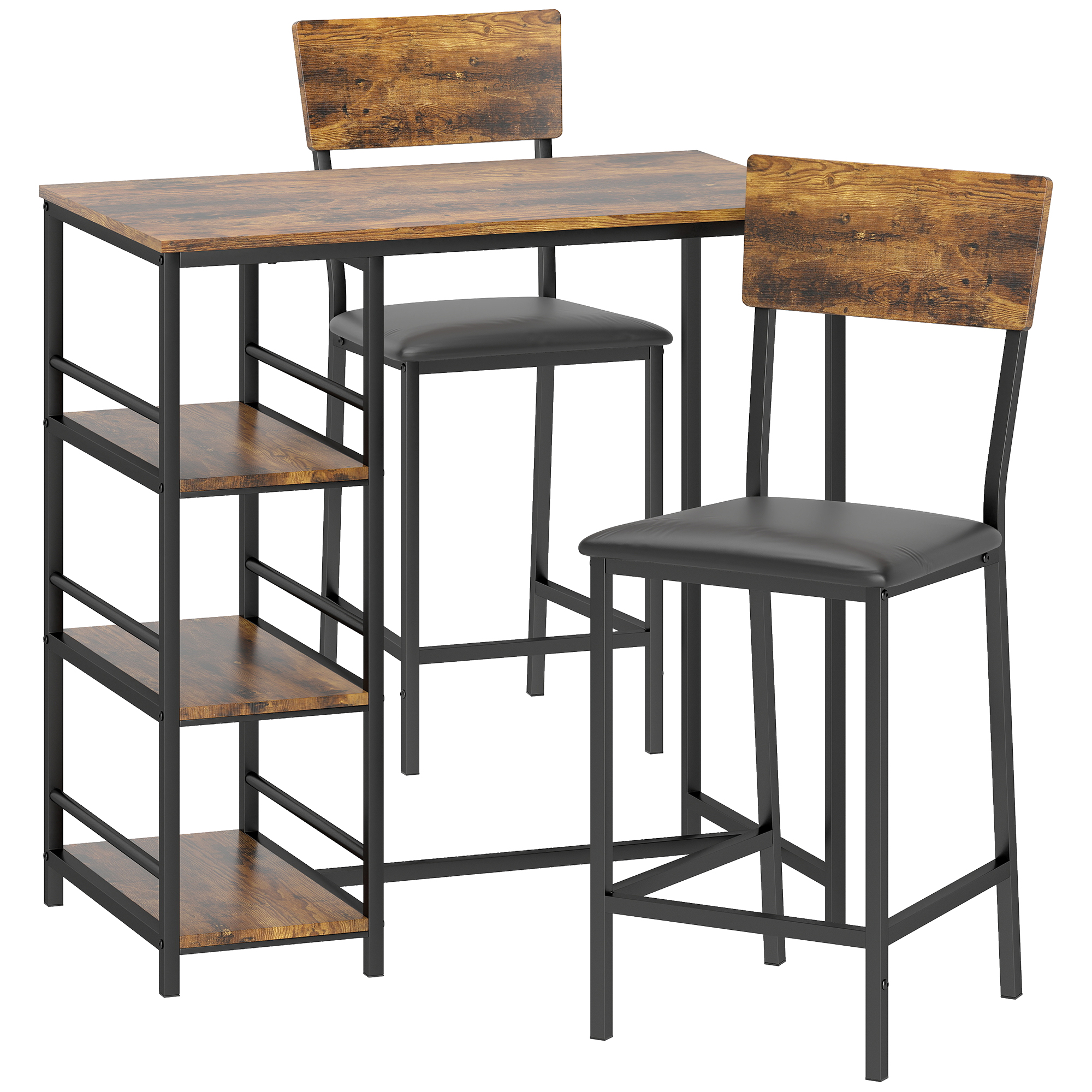 HOMCOM Set masă de bar cu 2 taburete, masă înaltă pentru bucătărie și 2 scaune de bar tapițate PU, maro rustic | Aosom Romania