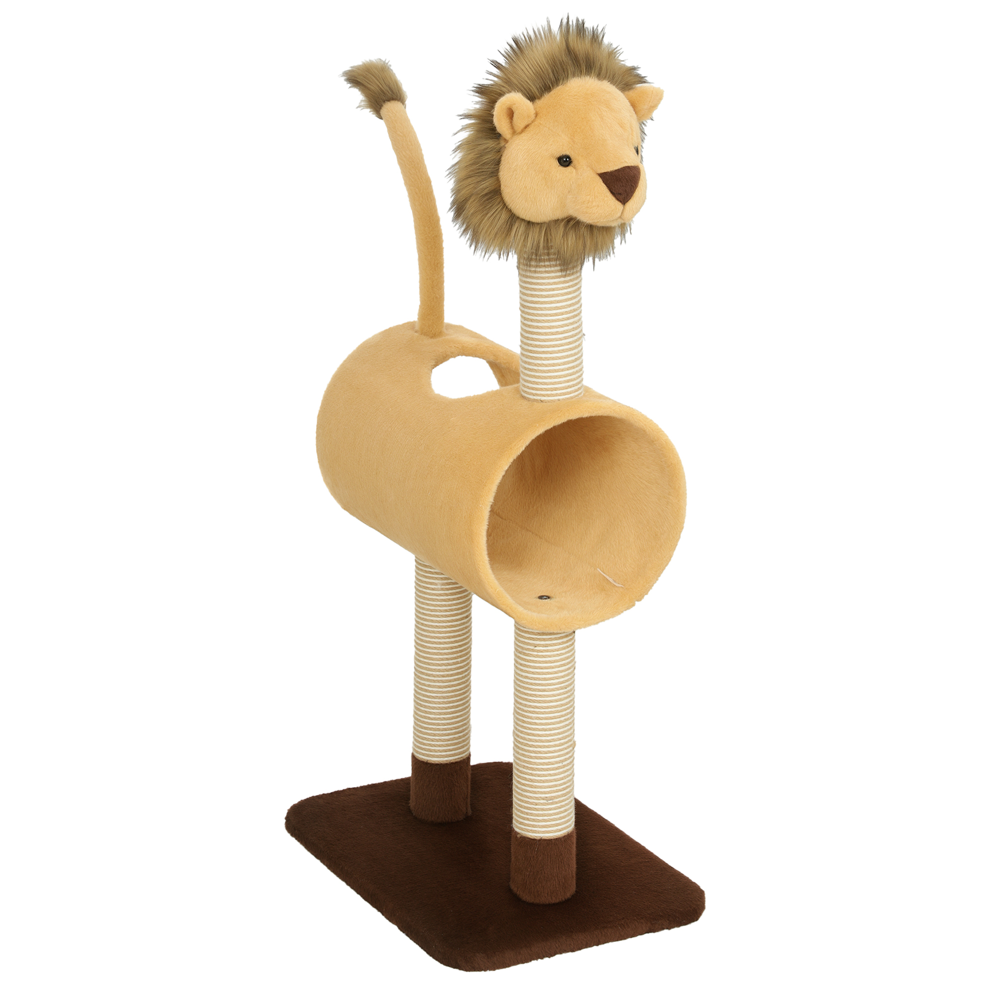 PawHut Copac de zgâriat 104 cm pentru pisici cu design leu, stâlpi de zgâriat, tunel, coadă suspendată până la 7 kg, maro deschis | Aosom Romania