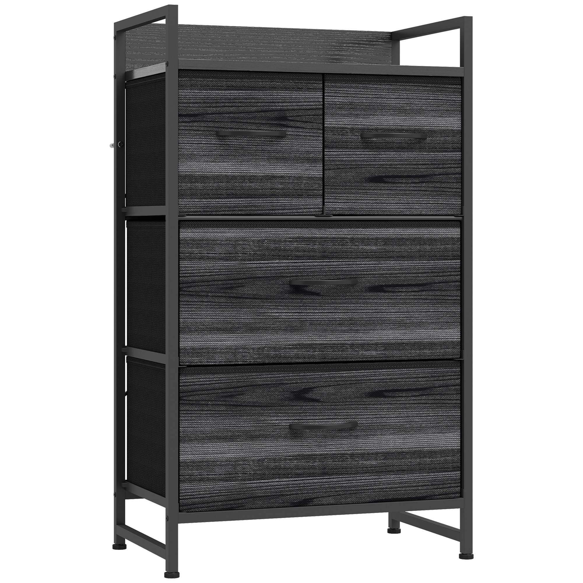 HOMCOM Rustic Chest of Four Fabric Drawers – Black Wood Effect