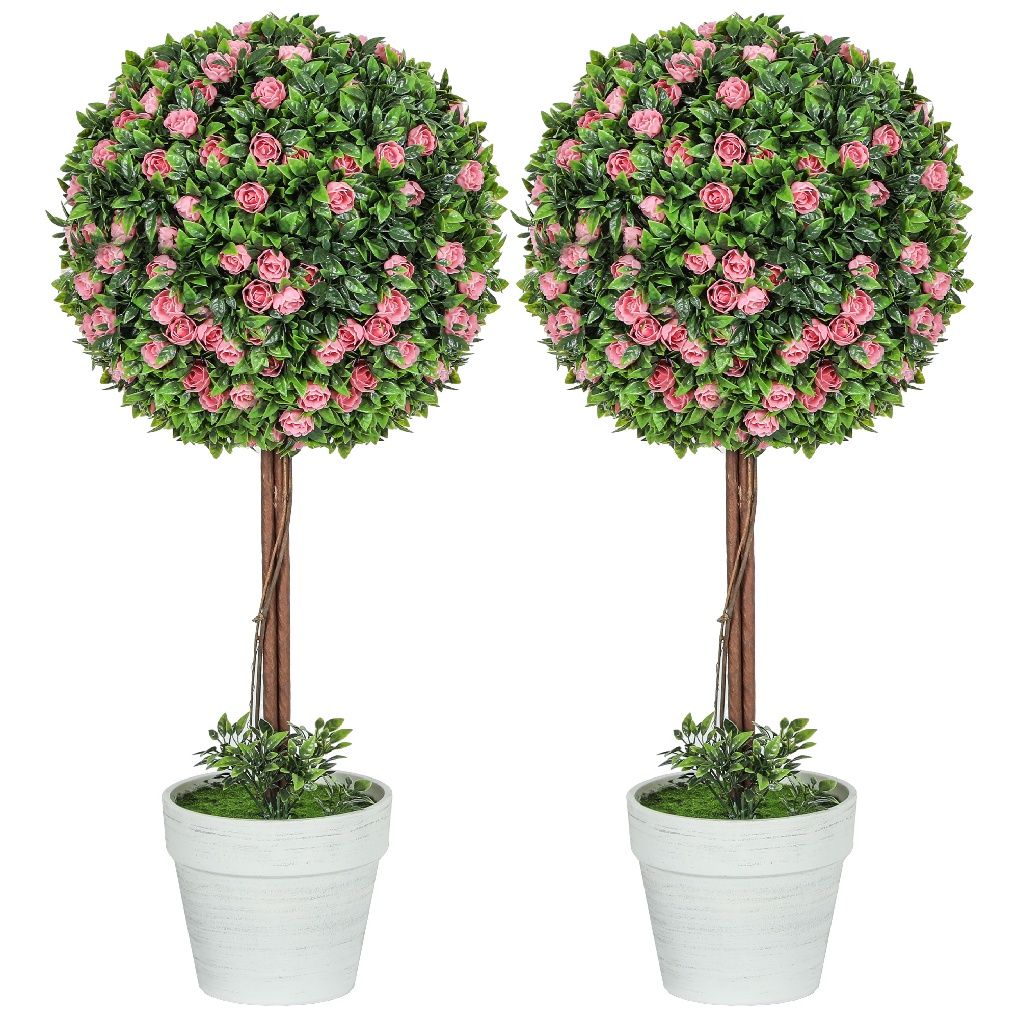 HOMCOM Künstliche Rosenpflanzen 2er Set 60 cm Künstliche Pflanze Kugel Kunstpflanze Rosenbaum mit Rosenblüten, UV-Schutz, Kunstgras, im Topf, für Innen und Außen Aosom