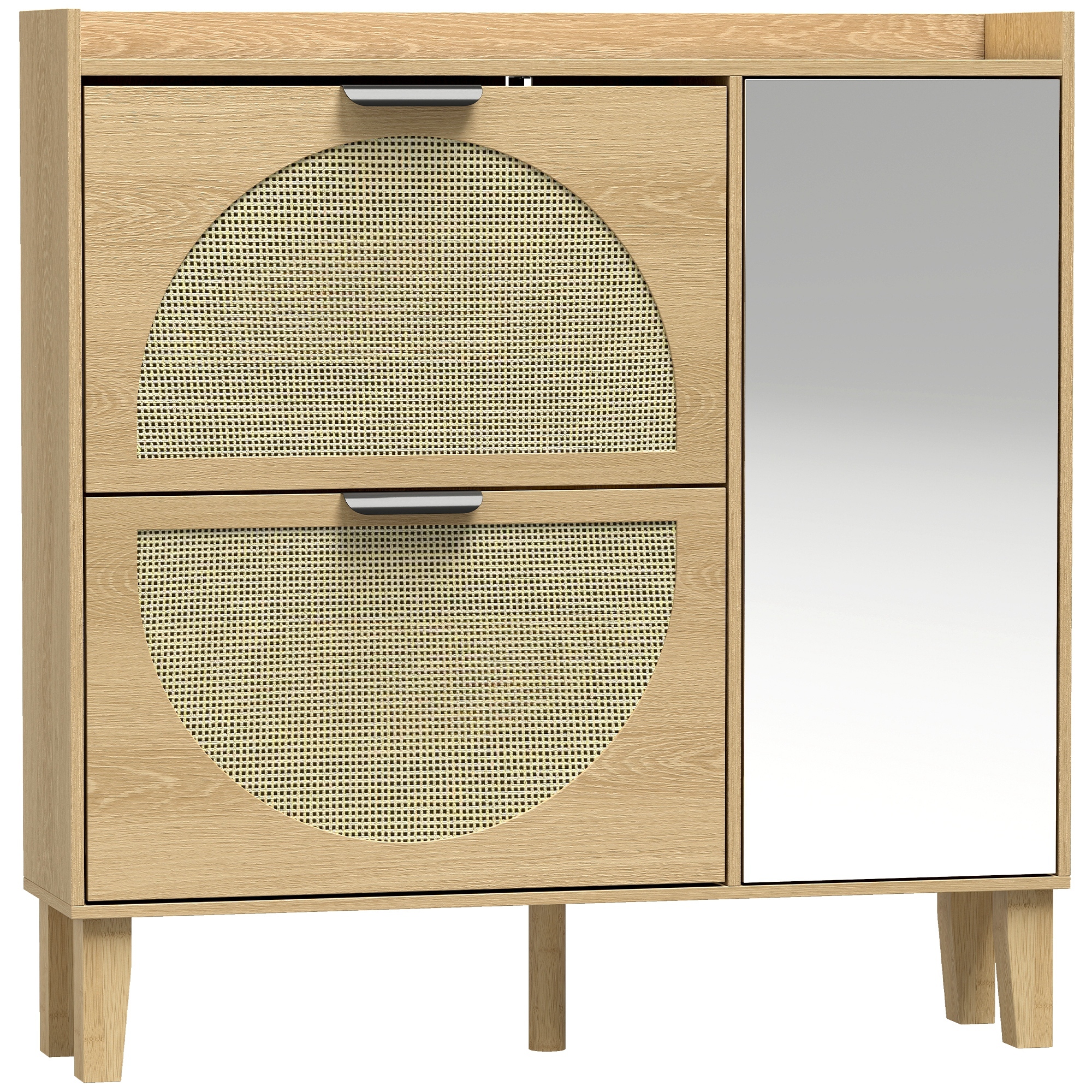 Meuble à Chaussures 10 Paires, Armoire à Chaussures, Porte en Miroir, 2 Tiroirs Rabattables et Étagères Réglables, Chêne