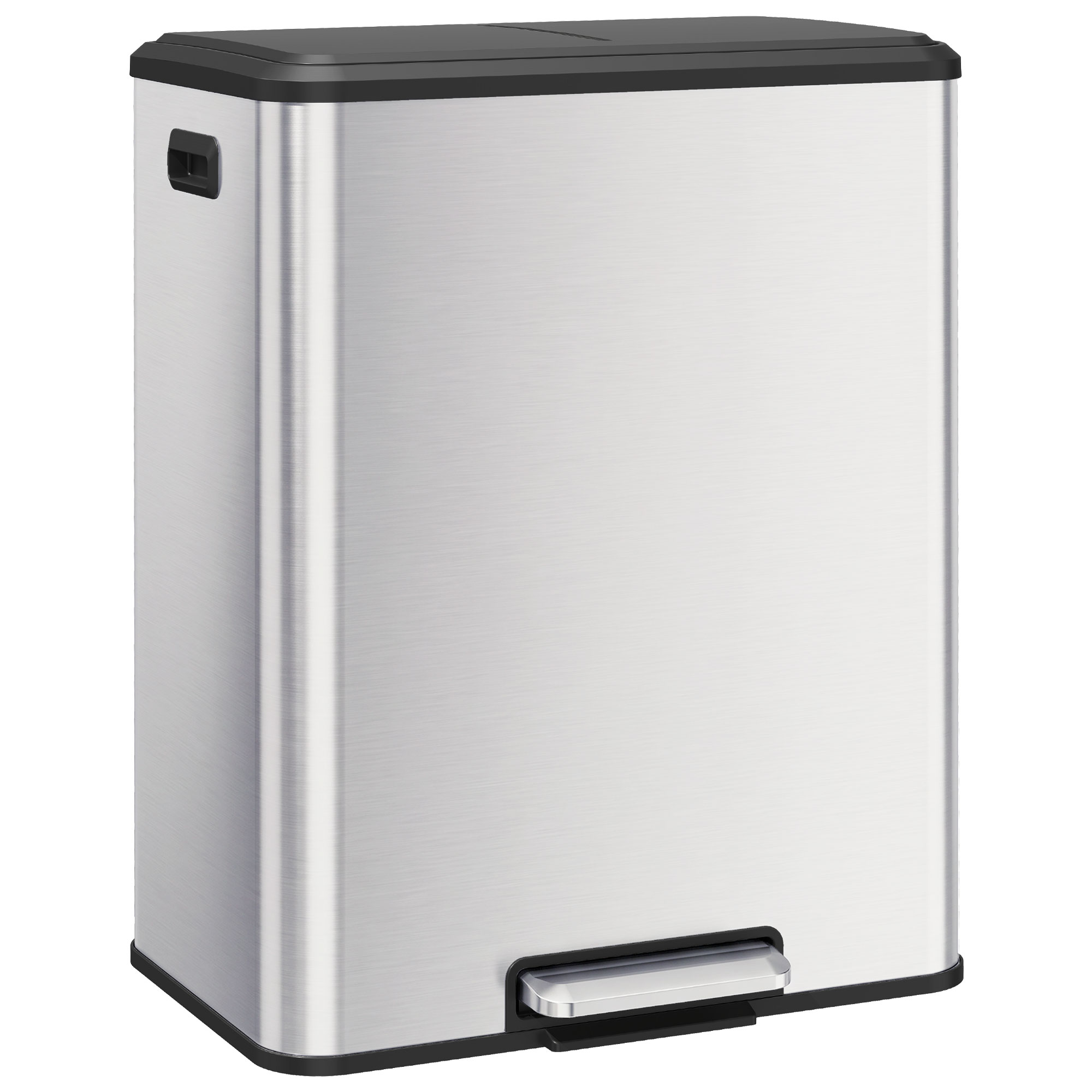 HOMCOM Getrennter Mülleimer mit Pedal 2x30L, Küchenabfalleimer aus Edelstahl, 2 Fächer, Herausnehmbare Innenbehälter, Gedämpfter Deckel, Deckel bleibt 90° offen, Griff, Silber Aosom