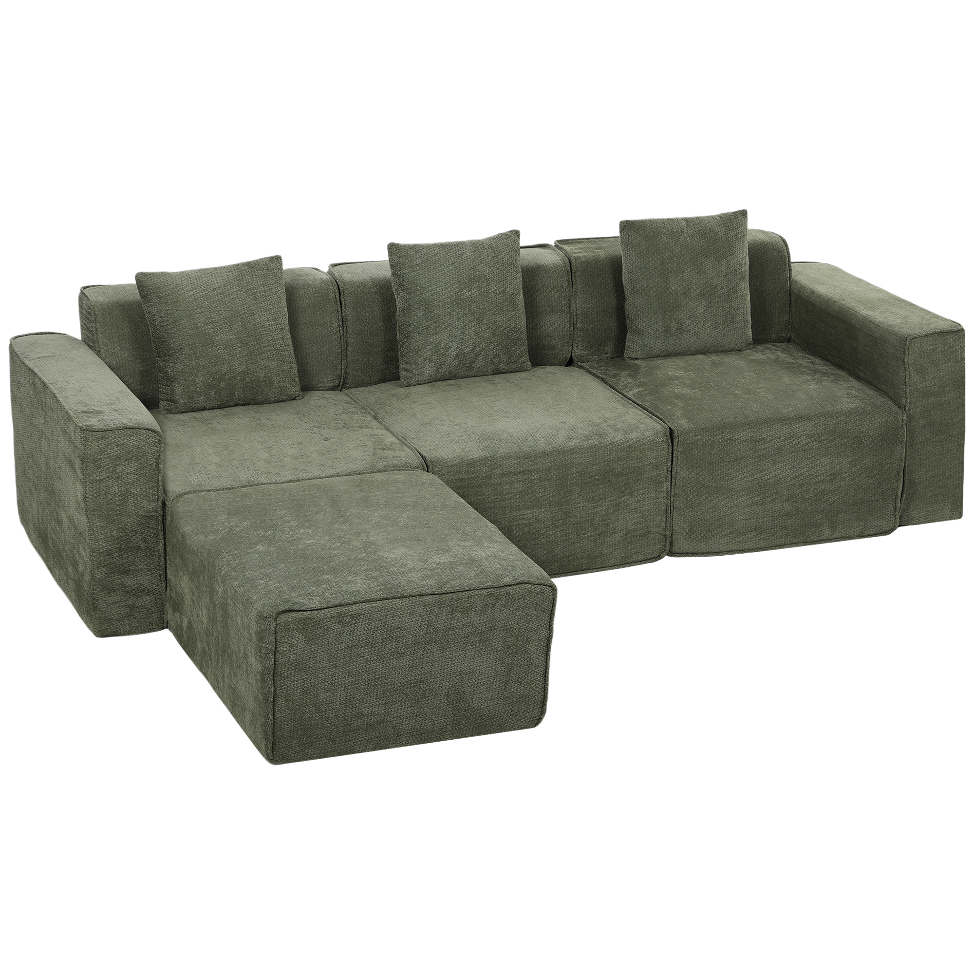 HOMCOM Canapea 3 locuri cu pouf reversibil, canapea colțar modulară din chenille 251 cm modernă, șezut lat, verde | Aosom Romania