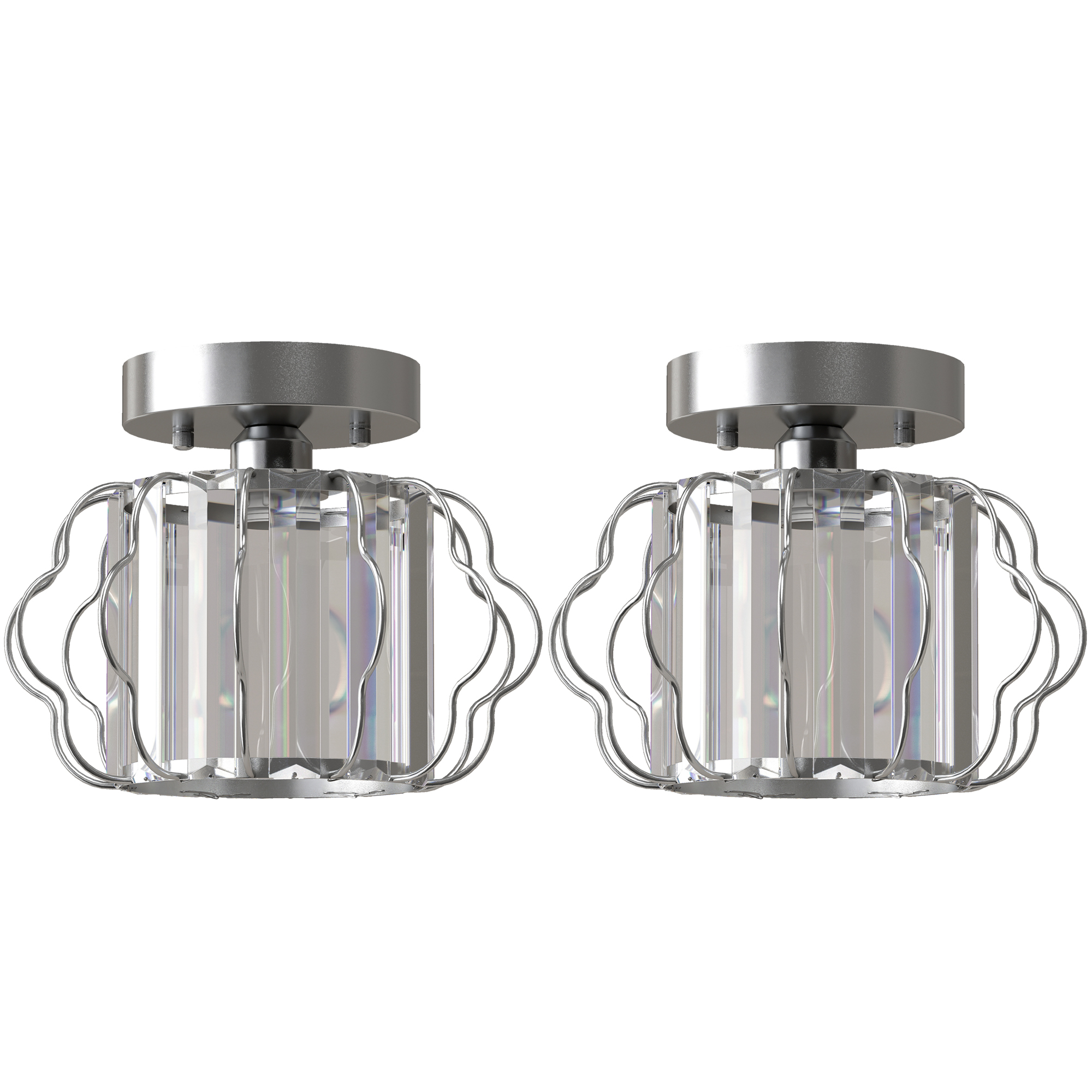 HOMCOM Crystal Ceiling Light Fixtures, Modern Semi-Flush Ceiling Lighting with Crystal Strips, 2 Pack, Silver Tone