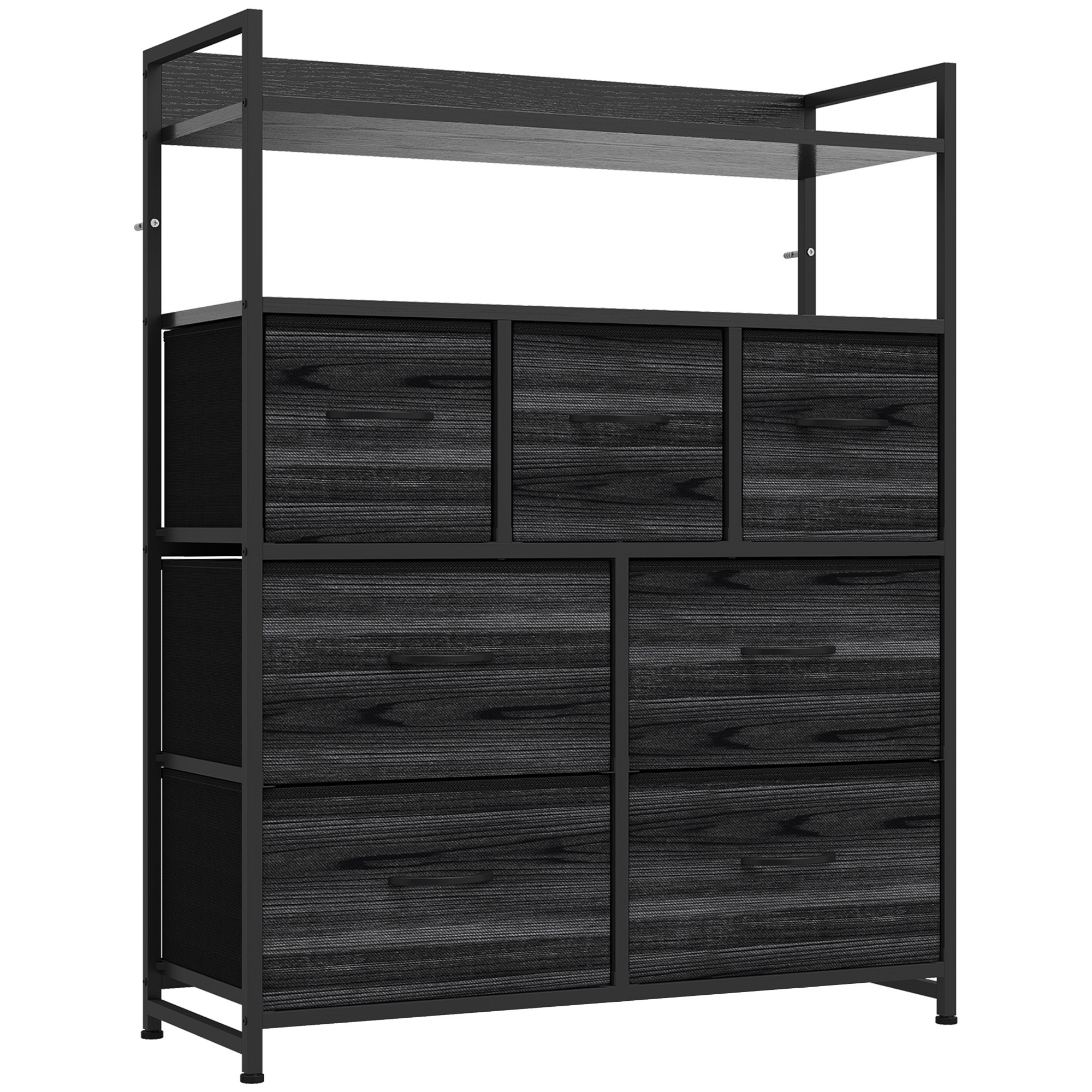HOMCOM Chest of Drawers, Bedroom Fabric Dresser with 7 Drawers, Storage Organiser Unit with Open Shelves, Black Wood-Effect
