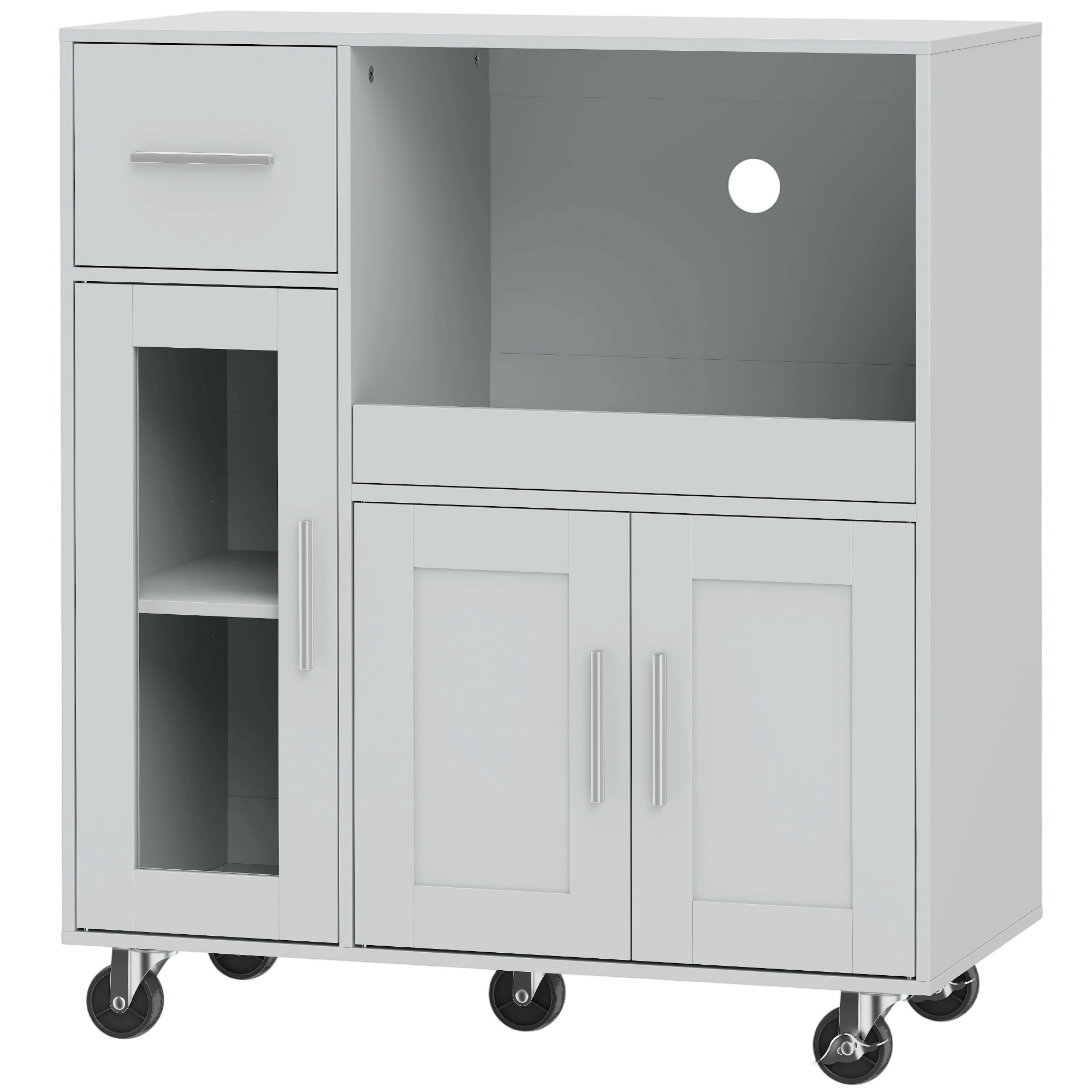 HOMCOM Küchenschrank auf Rädern Sideboard, Mikrowellenschrank mit Ausziehbarem Tablett, Schublade, Verstellbare Ablagen, Aufbewahrungsschrank für Küche, Wohnzimmer, Esszimmer, Grau Aosom