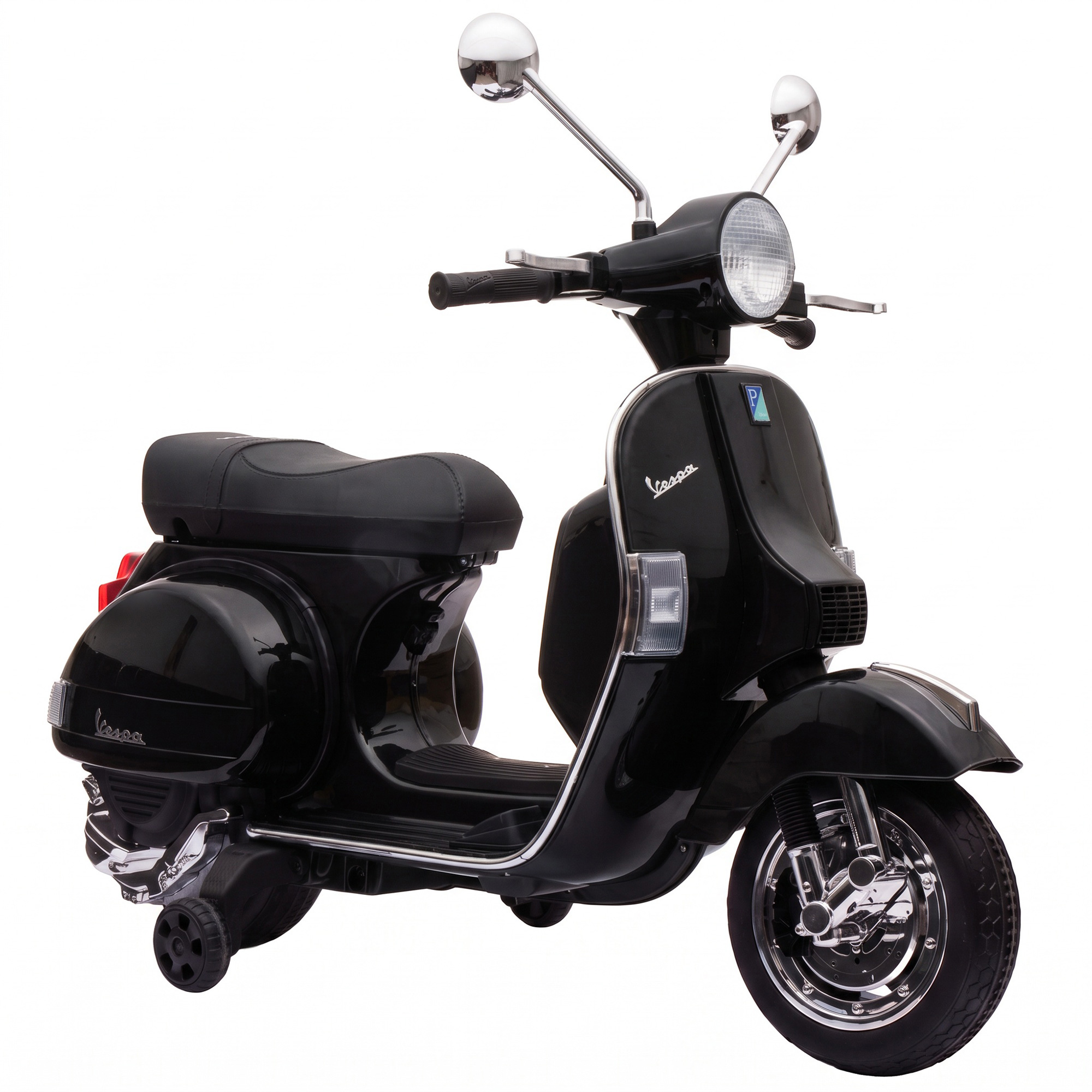 AIYAPLAY Elektro Motorrad Kinder Vespa PX150 12V Elektromotorrad mit Lithium Akku 35W 2 Motoren 25° Lenkbegrenzung Hinterradfederung abnehmbar Stützrädern, Kindermotorrad für 3-6 Jahre Schwarz   Aosom