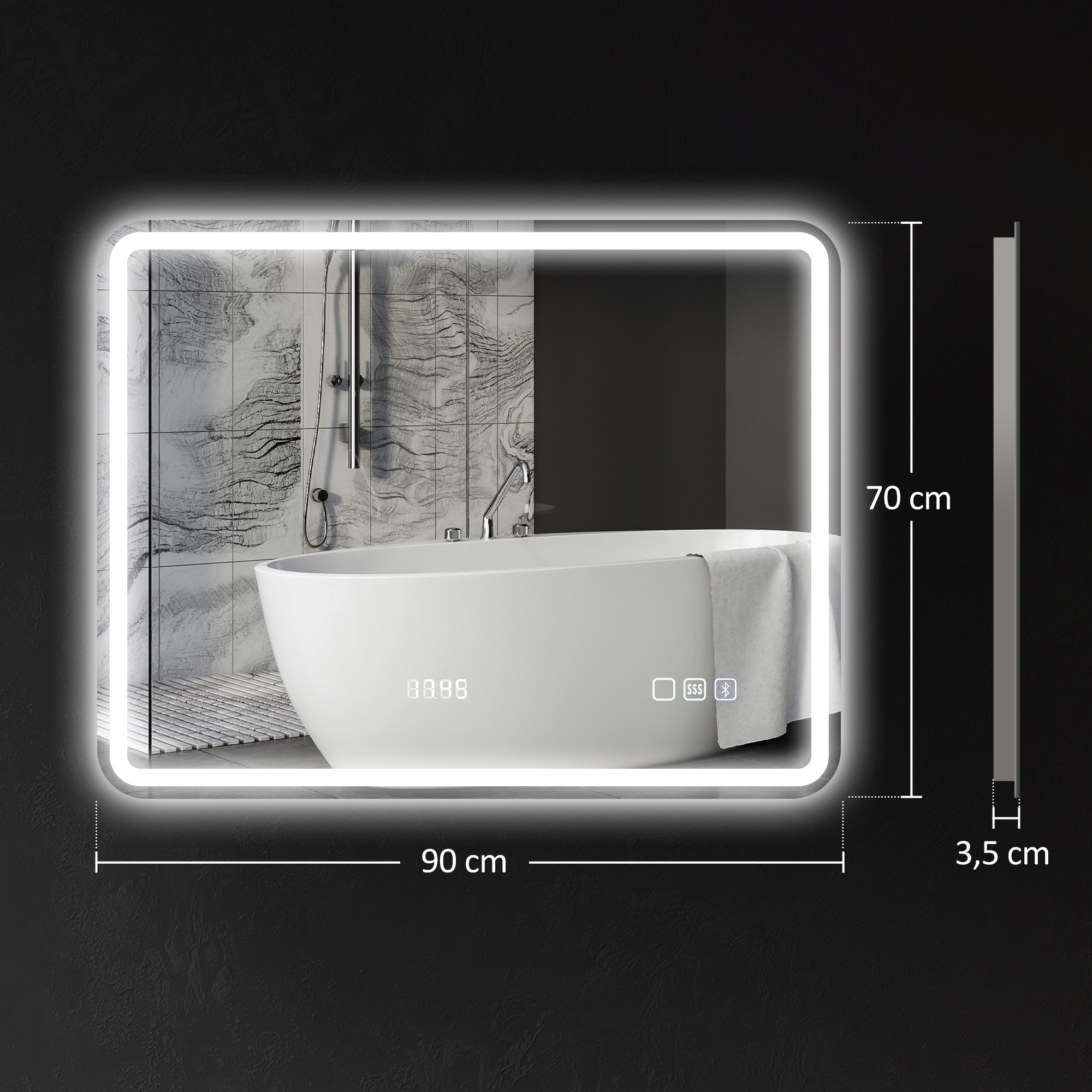 Vannitoa peegel LED-valgustusega, uduvastane kate, 3 reguleeritava värviga, kell, 700 x 900 mm, hõbedane