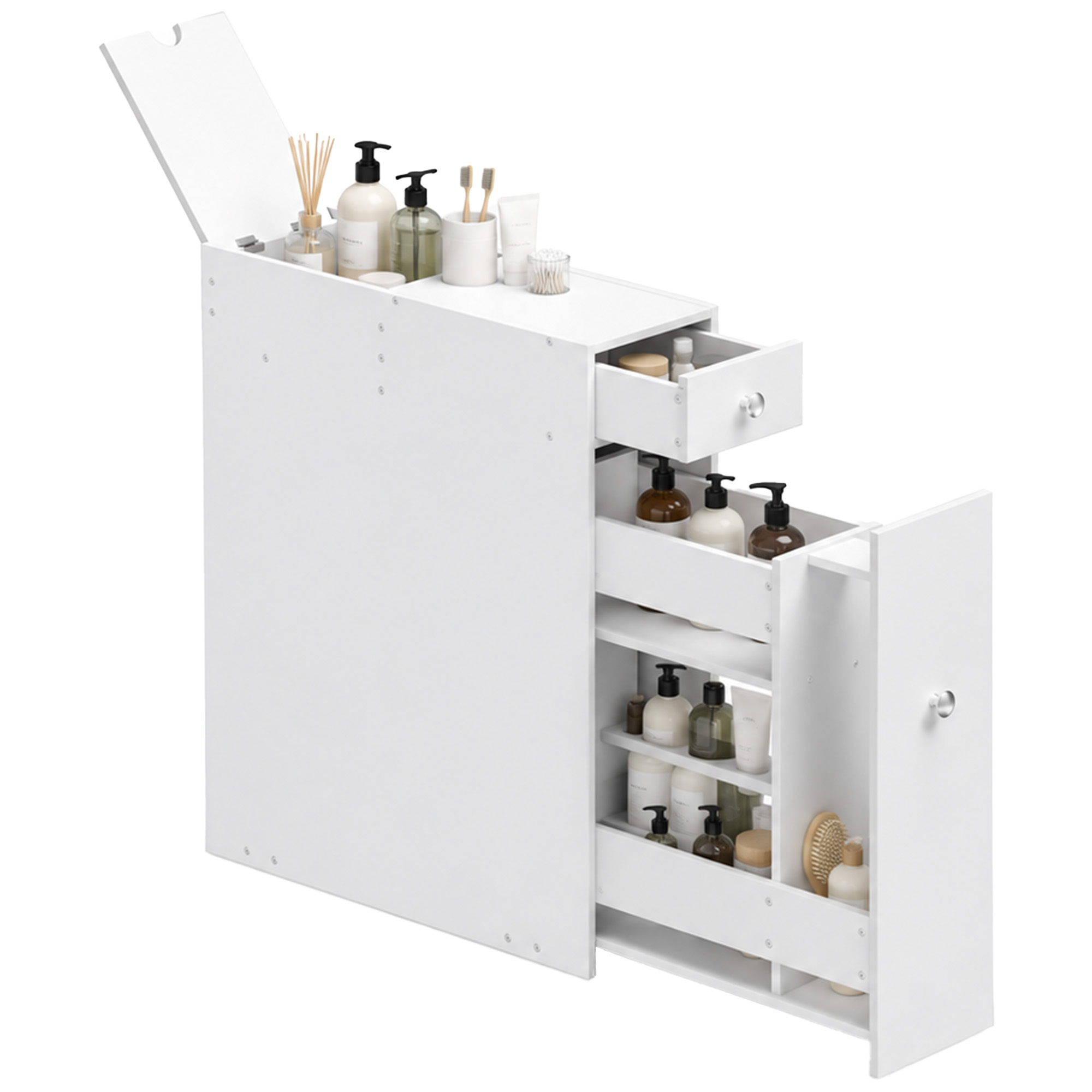 HOMCOM Slim Freestanding Bathroom Cabinet with Toilet Paper Holder, Wooden Cupboard, Durable & Stylish, White   Aosom UK