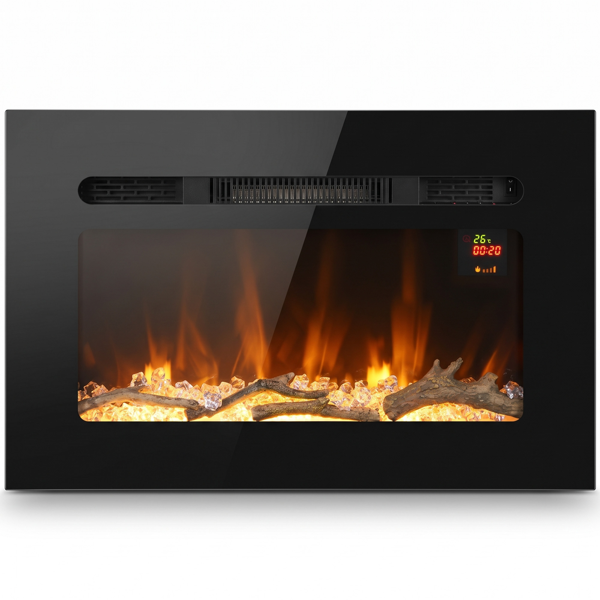 HOMCOM Șemineu Electric de 60 cm, Încastrat sau de Perete, 1800 W, Temporizator 24 de Ore, Flacără Reglabilă, Cristale | Aosom Romania