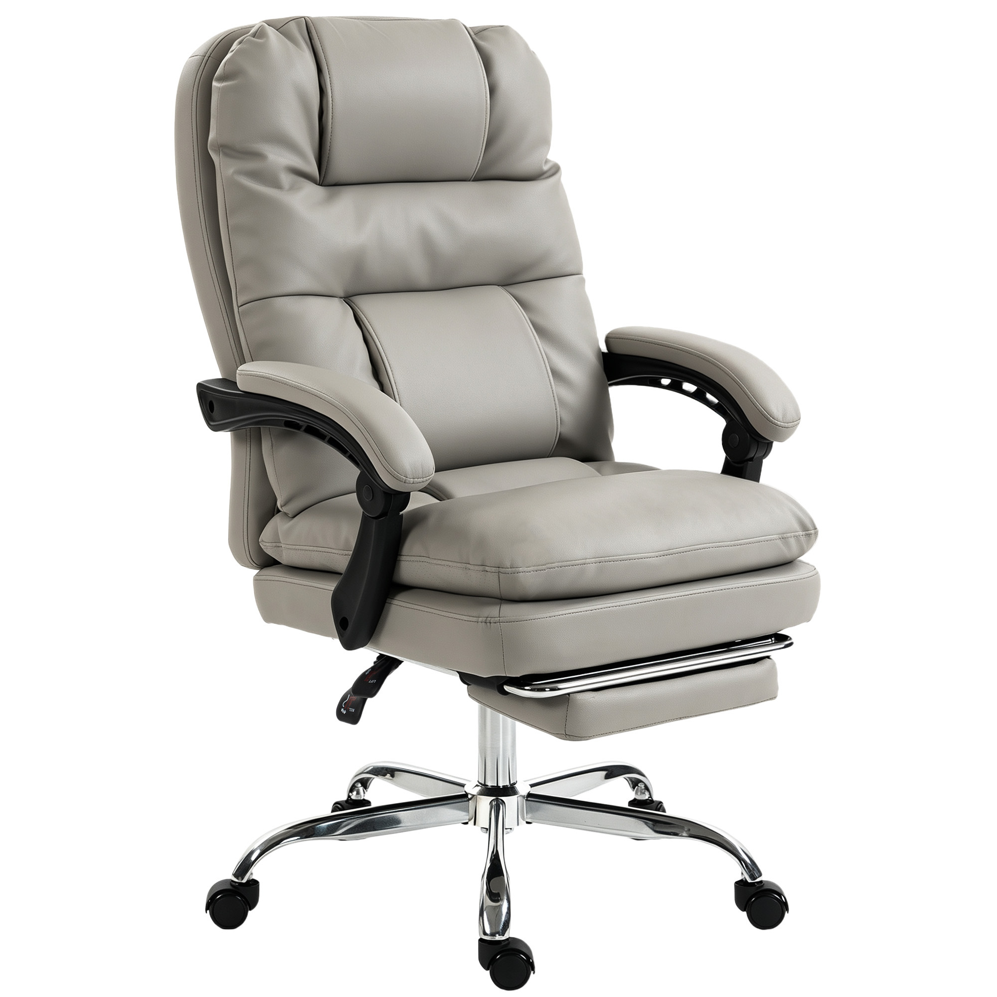HOMCOM Ergonomischer Schreibtischstuhl mit Fußstütze, PU-Bürostuhl mit Taschenfedern, Doppelpolster, 155° verstellbar, Hohe Rückenlehne, Höhenverstellbar, Kopfstütze, Hellgrau Aosom