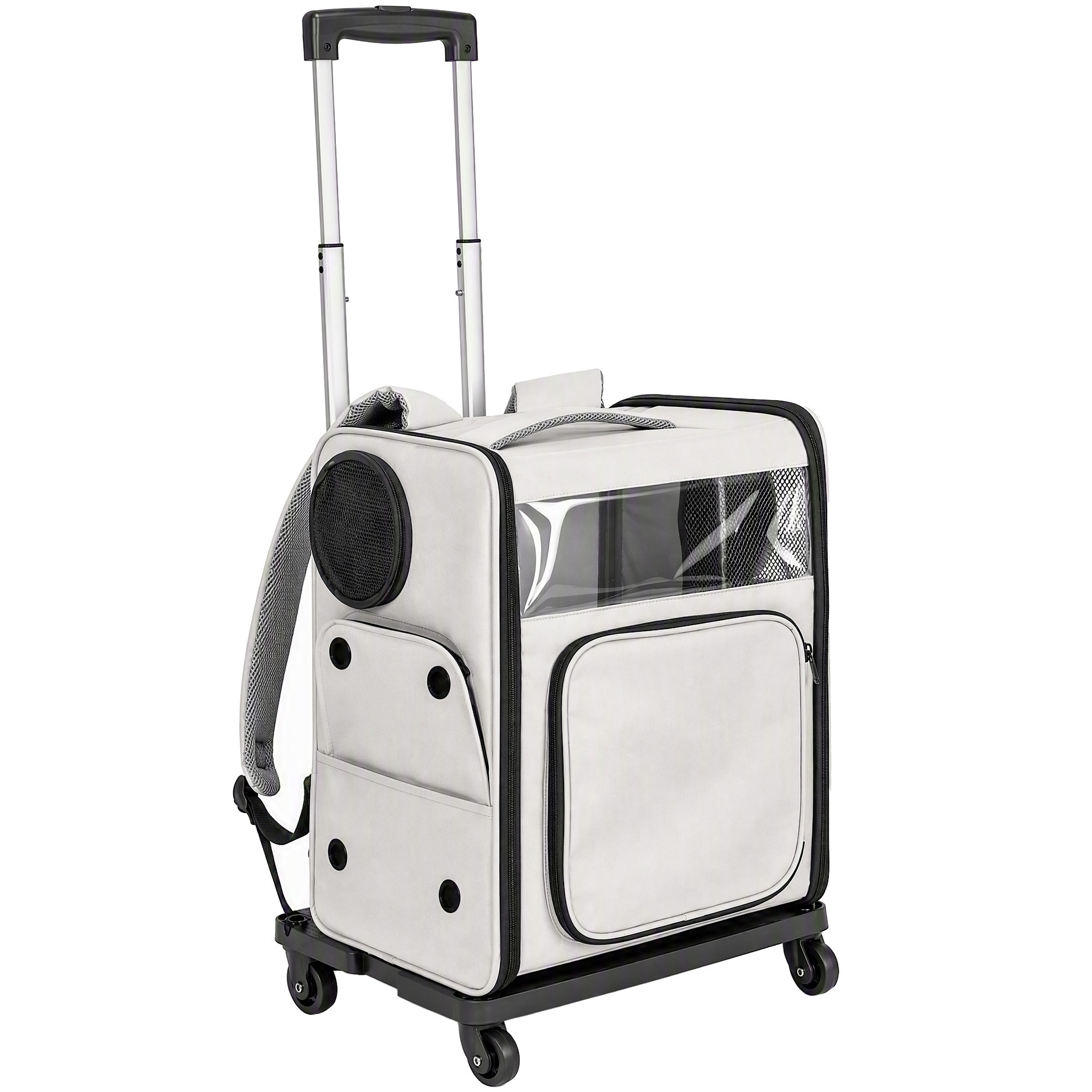 PawHut Transportor pentru Caini Si Pisici cu Roti, Maner Telescopic, 2 Ferestre din Plasa, pana la 5 kg, Gri | Aosom Romania