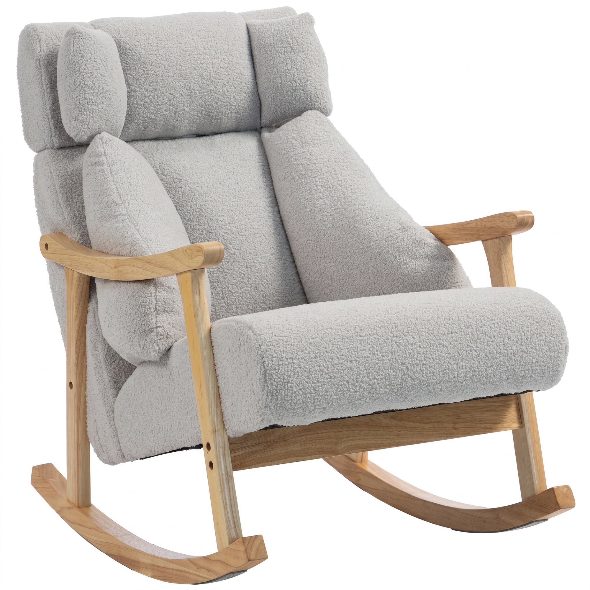 Fauteuil à bascule rembourré en bouclé avec appuie-tête réglable et pieds en bois Gris clair