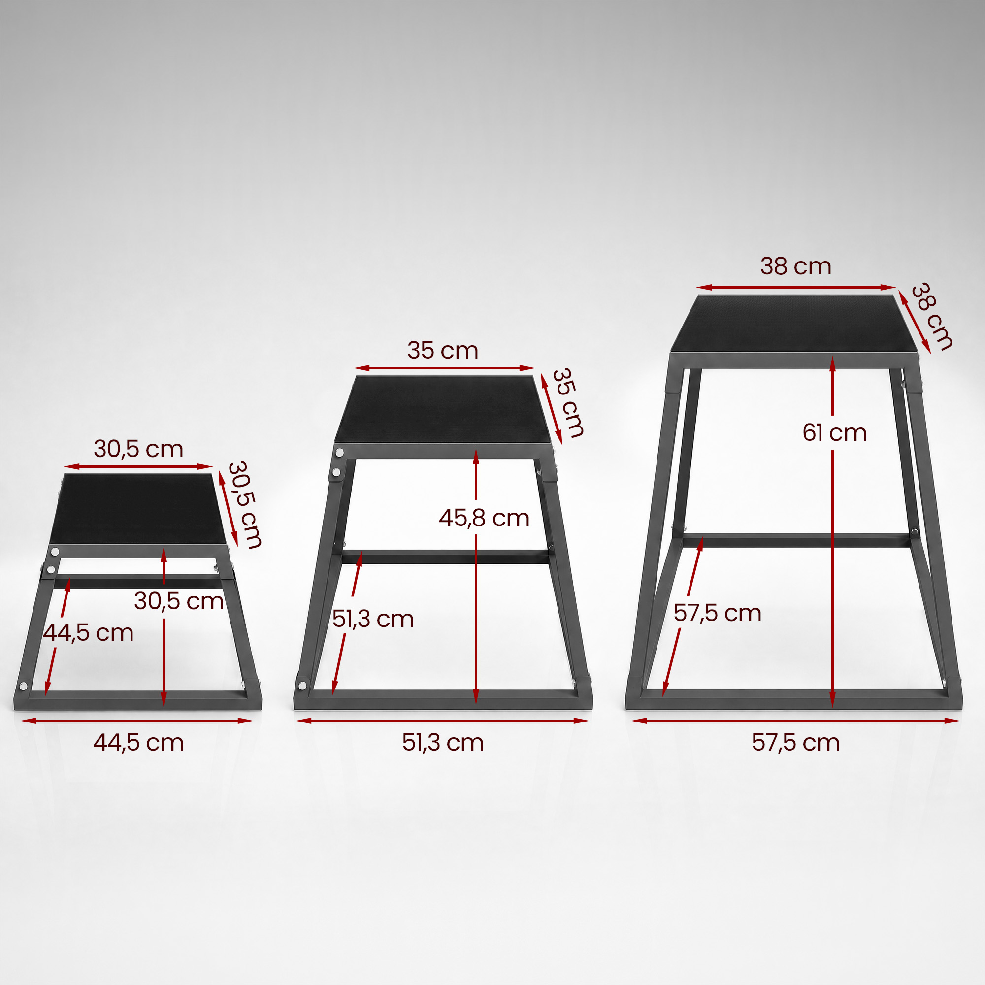 Plüomeetrilised hüppekastid (3 tk) 30,5/45,8/61 cm Virnastatav terasest plyo-hüppekast kuni 200 kg