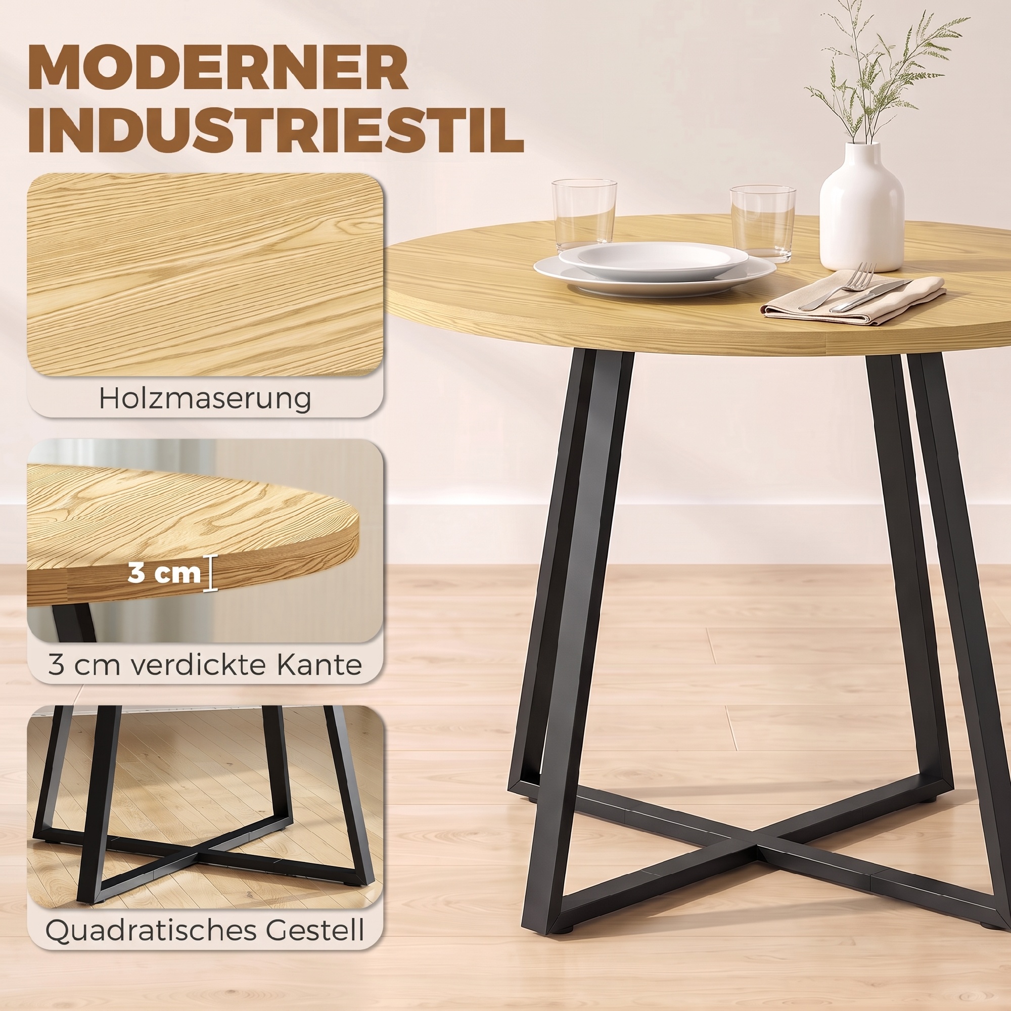 Ümmargune söögilaud 4 inimesele, ümmargune köögilaud, terasraam, 100 cm, naturaalne must