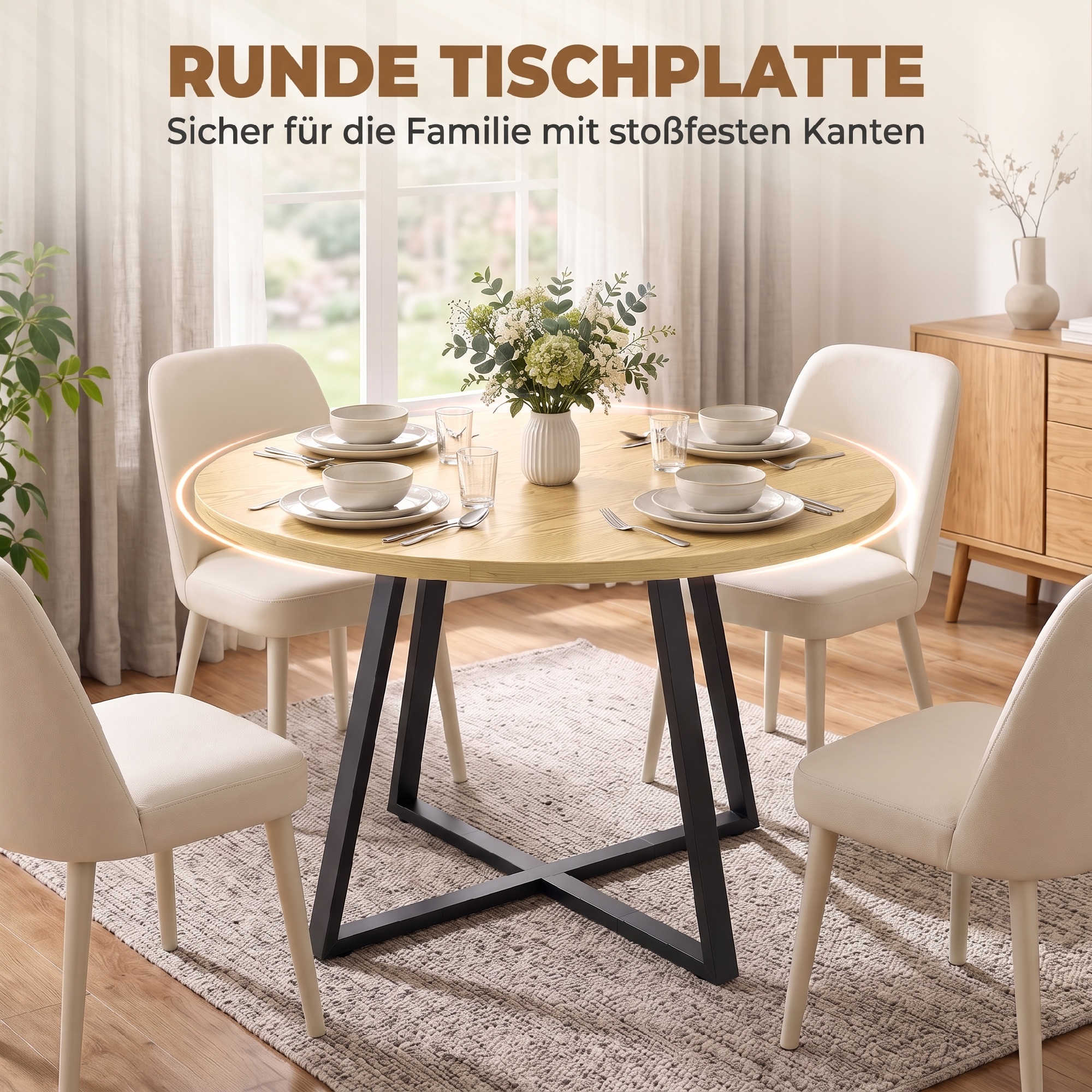 Ümmargune söögilaud 4 inimesele, ümmargune köögilaud, terasraam, 100 cm, naturaalne must