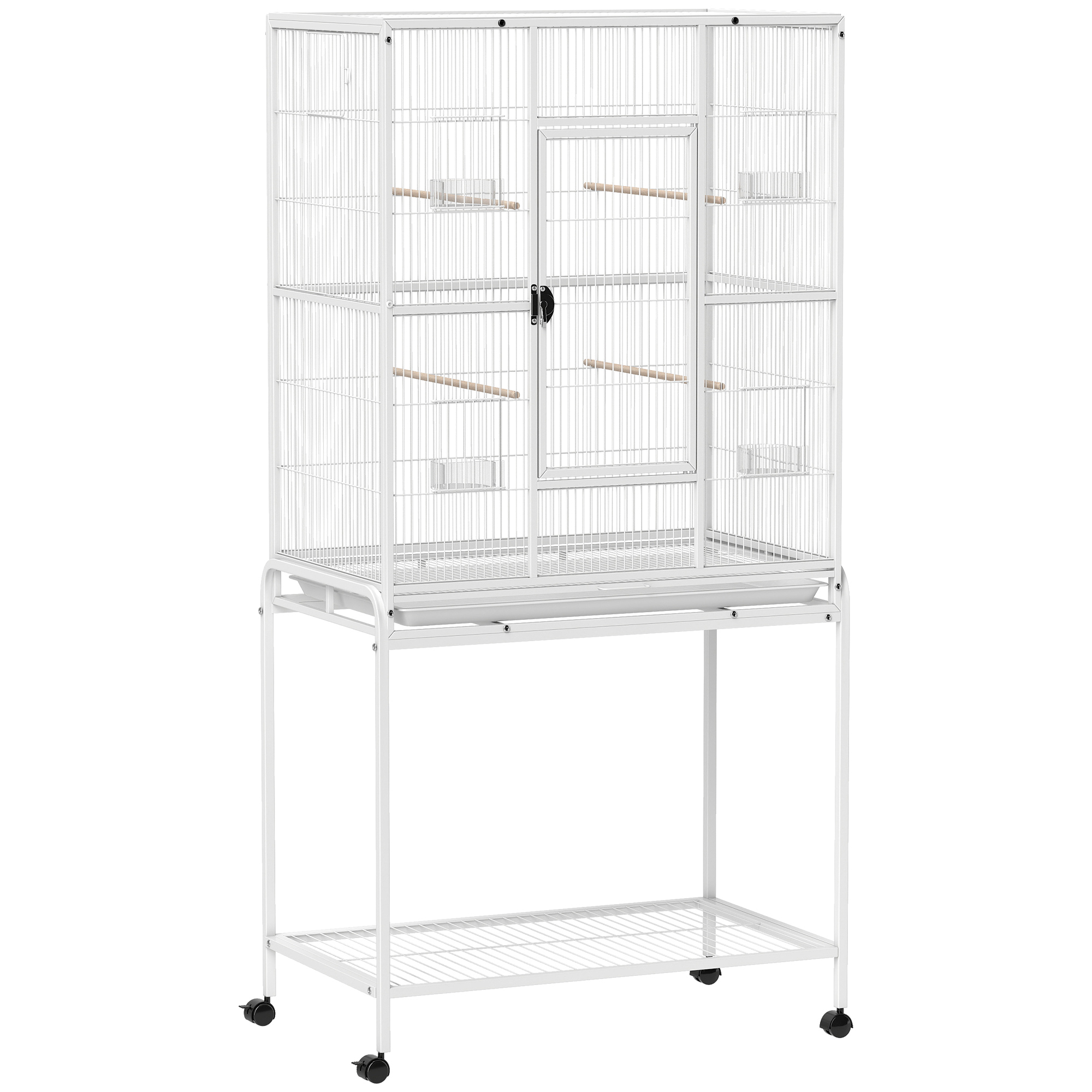 PawHut Cage à Oiseaux Portable avec 4 Mangeoires et 4 Perchoirs Pratique 81 x 48 x 162,5 cm Blanc