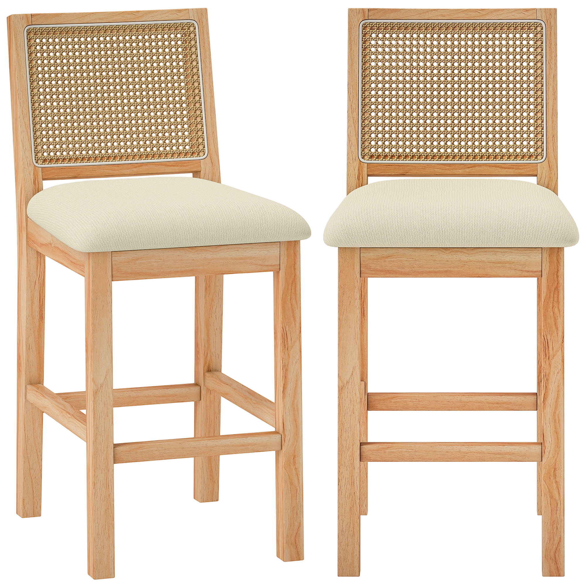 HOMCOM 2er-Set Barhocker, Barstühle mit Rattan-Optik Rückenlehne, Gepolsterte Chenille-Sitzfläche 66H cm, Fußstütze, Hevea-Holzbeine, für Küche, Esszimmer, Tresen, Creme Aosom