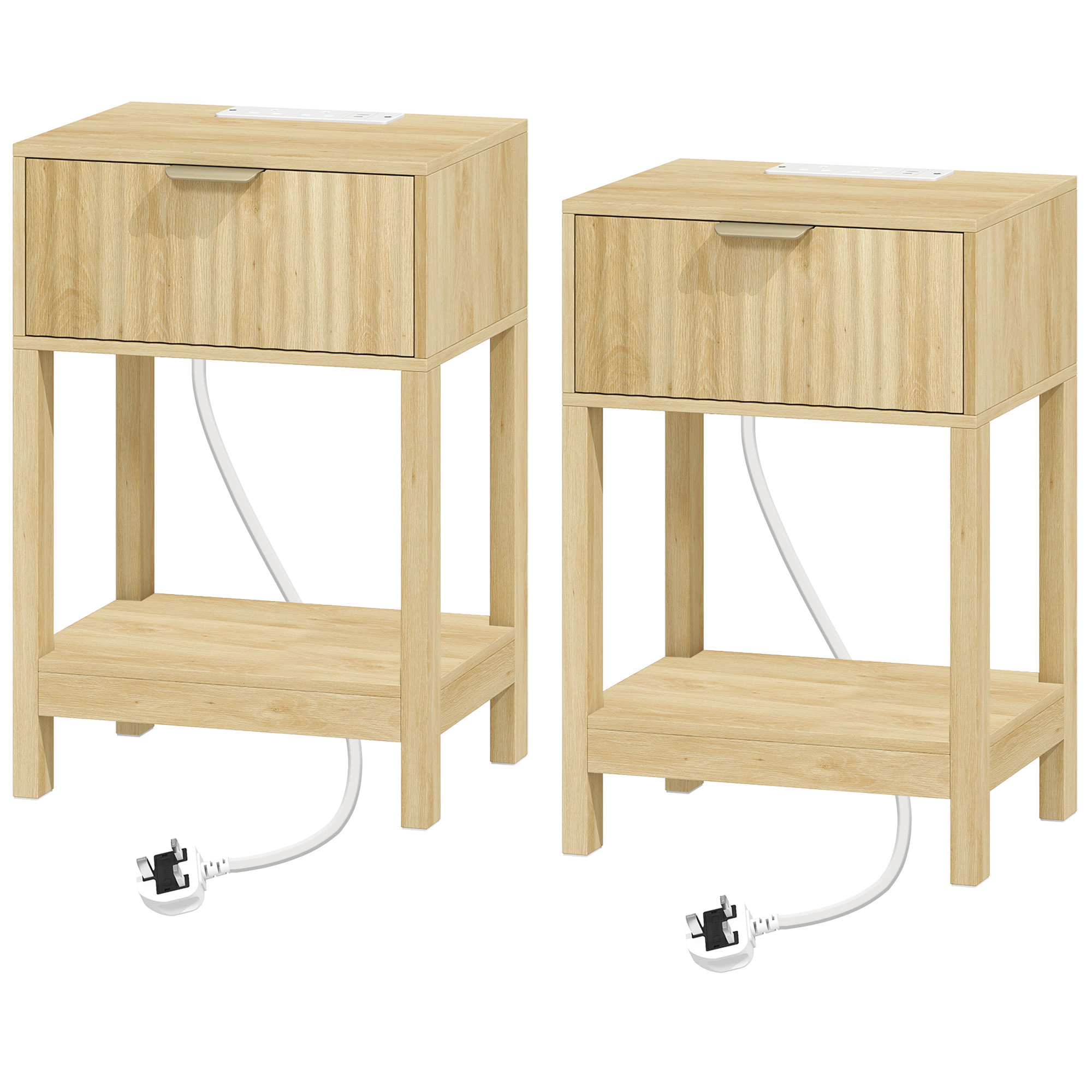 HOMCOM Modern Fluted Nightstand Set of 2, Bedside Table with Charging Station, Drawer and Open Shelf for Bedroom, Oak HOMCOM Modern Fluted Nightstand Set of 2, Bedside Table with Charging Station, Drawer and Open Shelf for Bedroom, Oak