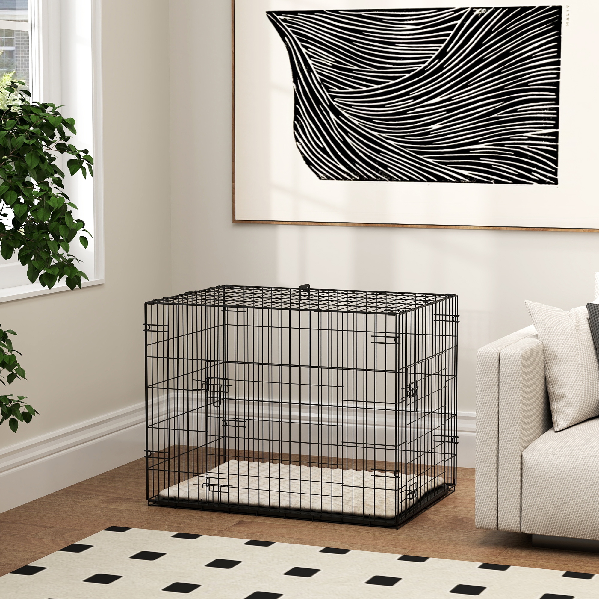 Kokkupandav koerapuur kahe uksega, transpordipuur pikendatava alusaluse ja padjaga, 75 x 48,5 x 53 cm, must