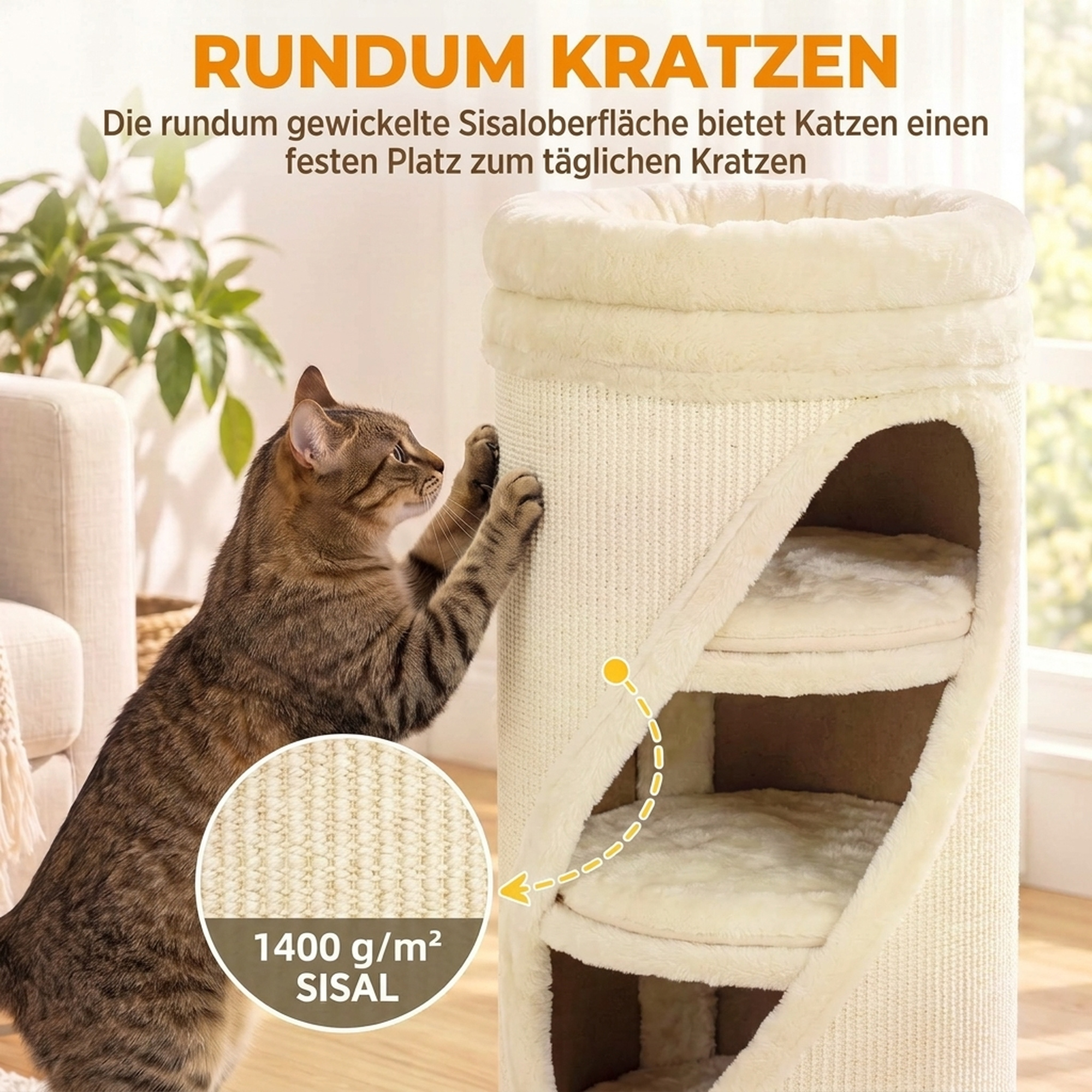 Kraapimispuu 75 cm kõrge Ø 35 cm 4-tasandiline kassipuu 3 süvendiga, eemaldatav pestav plüüsist voodi, sisalist kraapimispind