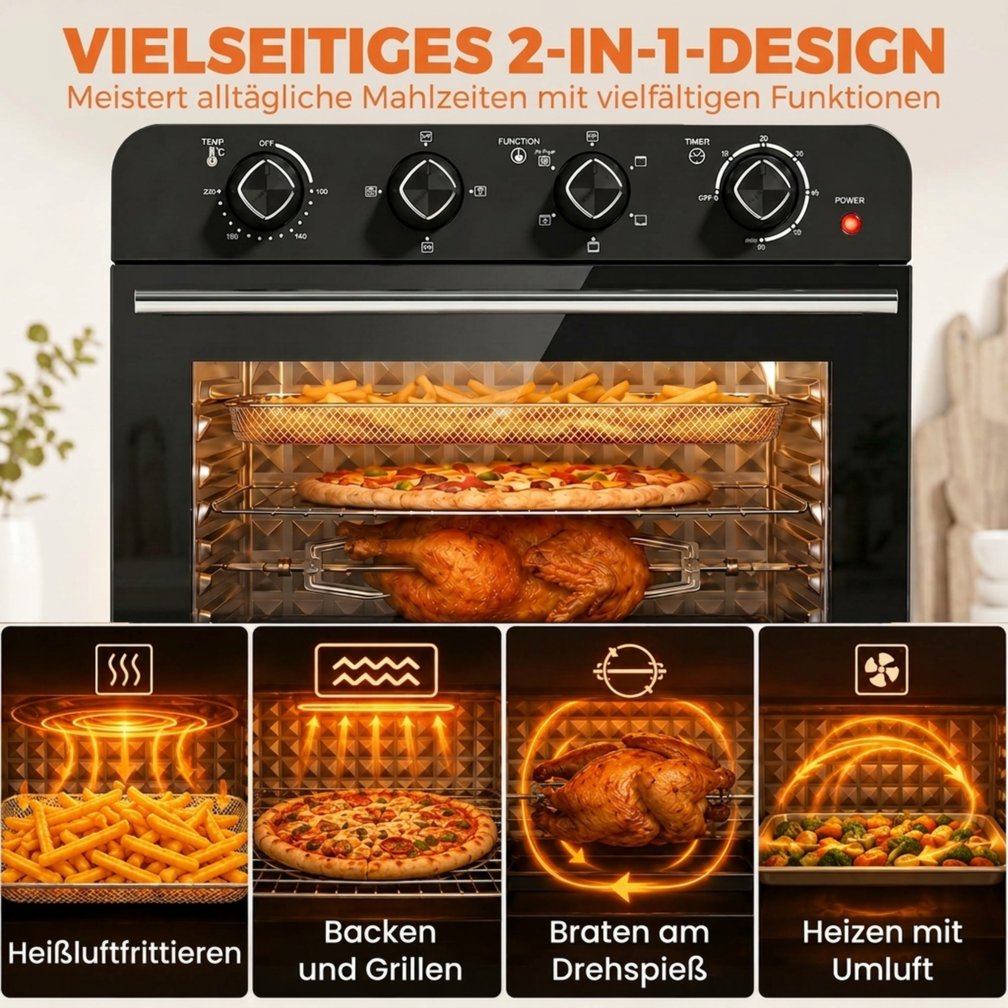 Kuumaõhu fritüürahi konvektsiooni ja pöördvardaga, temperatuuri reguleerimise, taimeriga, 1800 W