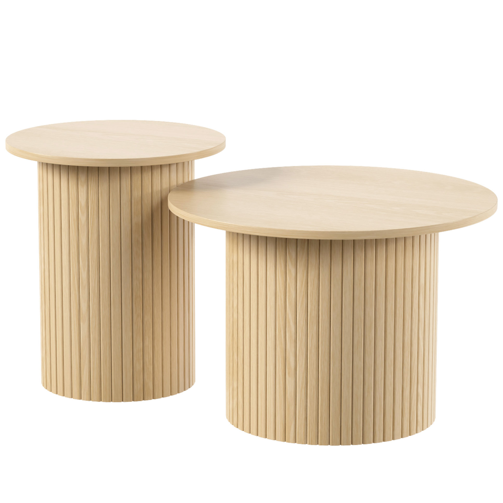 HOMCOM Runde Beistelltische für Wohnzimmer, 2-teiliges Nisttisch-Set mit Holzrahmen und geriffelter Basis, Kleine Couchtische fürs Schlafzimmer, Eiche Aosom