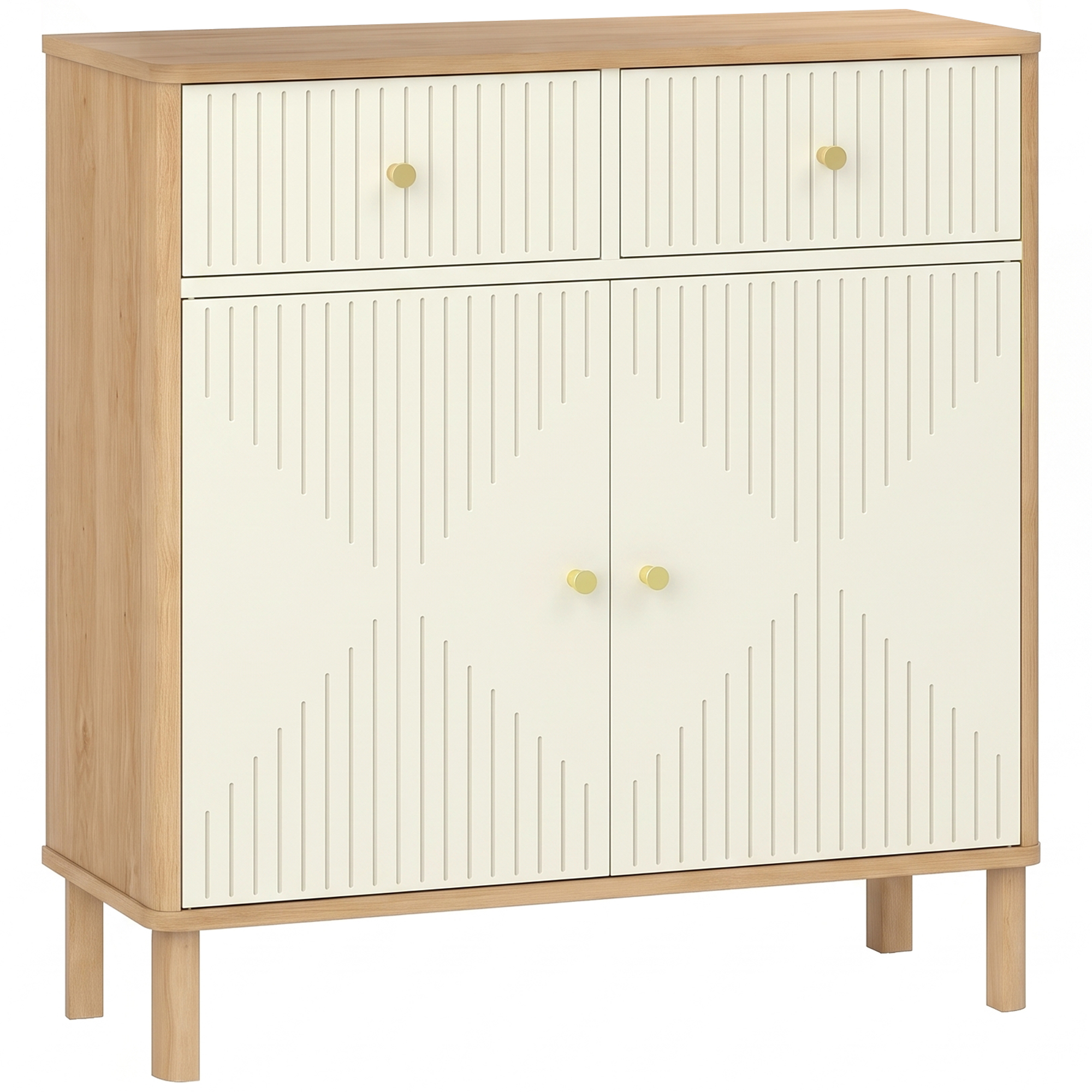 HOMCOM Bufet, corp de depozitare canelat cu blat cu aspect de stejar, 2 sertare, 2 uși, poliță reglabilă, 77x30x80cm, crem | Aosom Romania