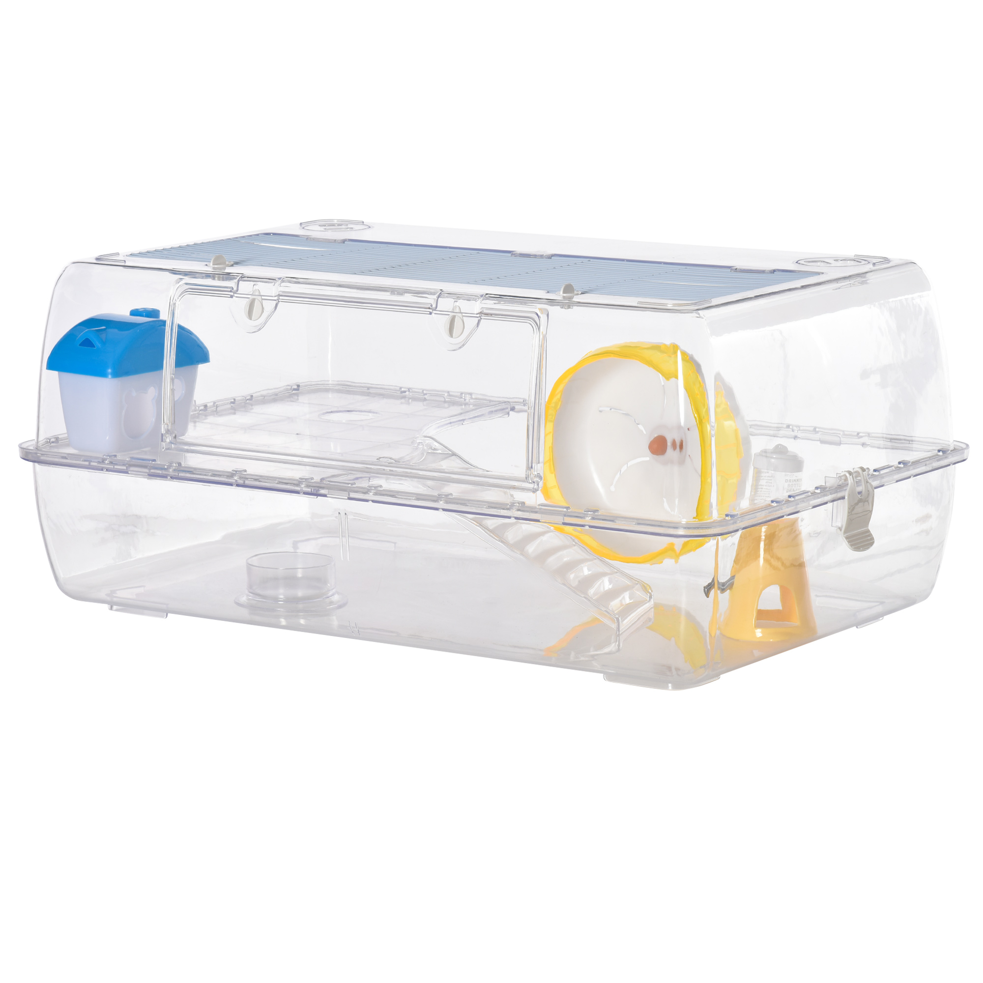 PawHut Colivie pentru Hamsteri cu 2 Niveluri cu Bol Adăpător Căsuță Rampă Roată de Exerciții 74x46x32 cm Transparent | Aosom Romania