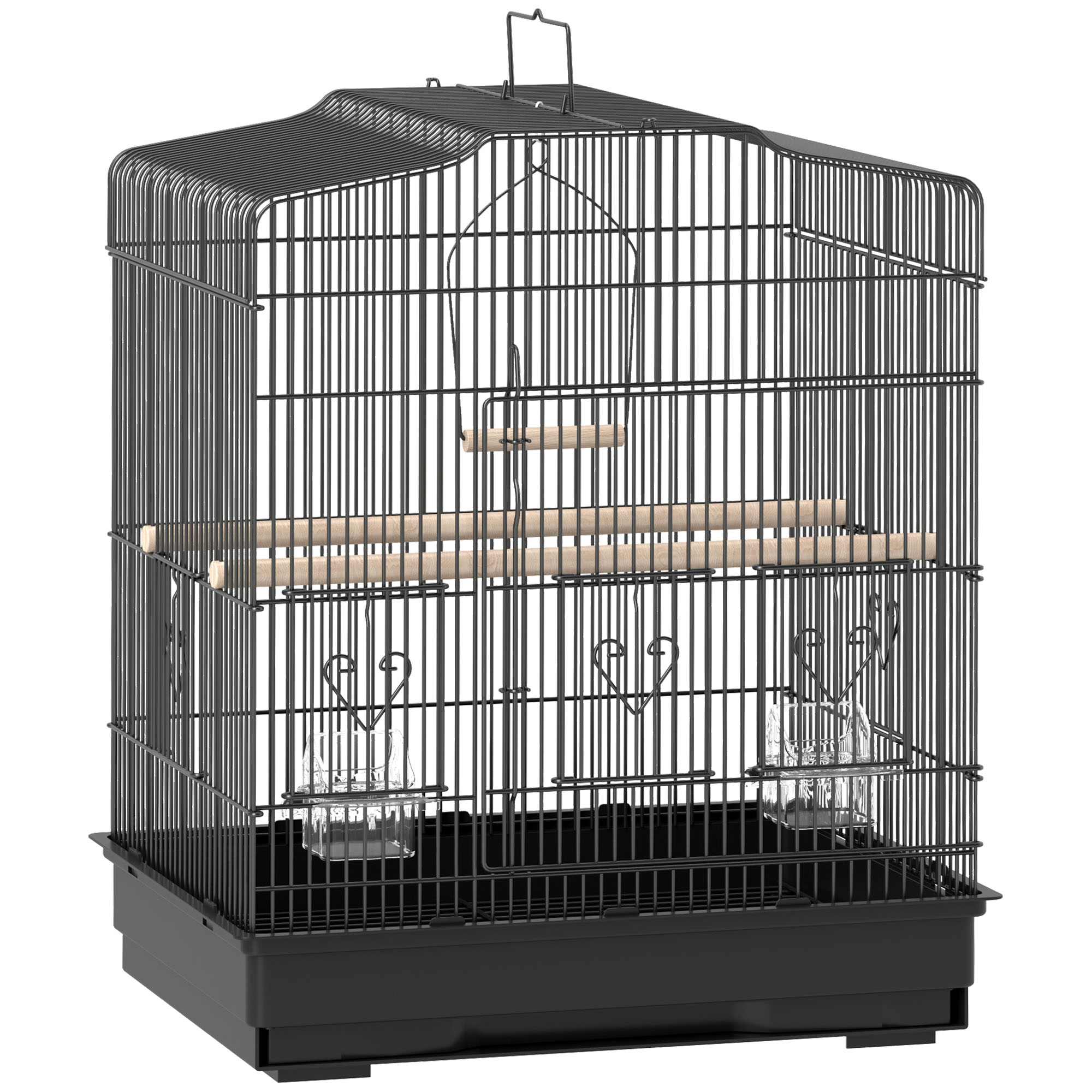 PawHut Tragbarer Vogelkäfig mit Griff, herausnehmbarem Tablett und 5 Türen, Voliere für Sittiche mit Holzsitzstangen, Schaukel und Futternäpfen, 46.5x36x59 cm, Schwarz Aosom