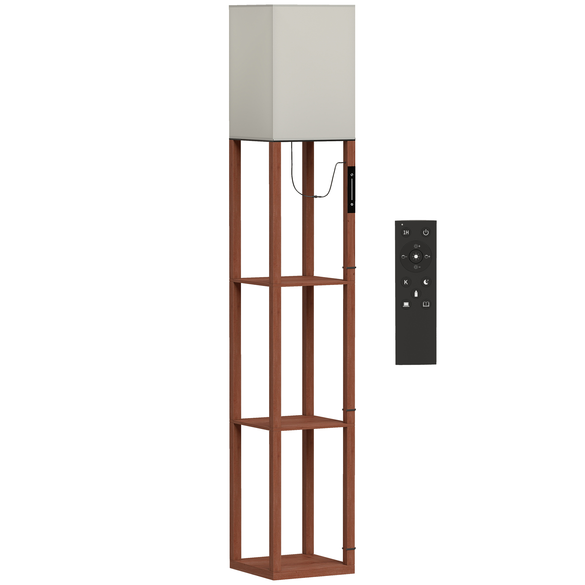HOMCOM Stehleuchte mit 3 Ablagen, Wohnzimmer-Stehleuchte mit dimmbarer LED, einstellbare Helligkeit, Touch- und Fernbedienung, Stoffschirm, inklusive Lampe, Braun Aosom
