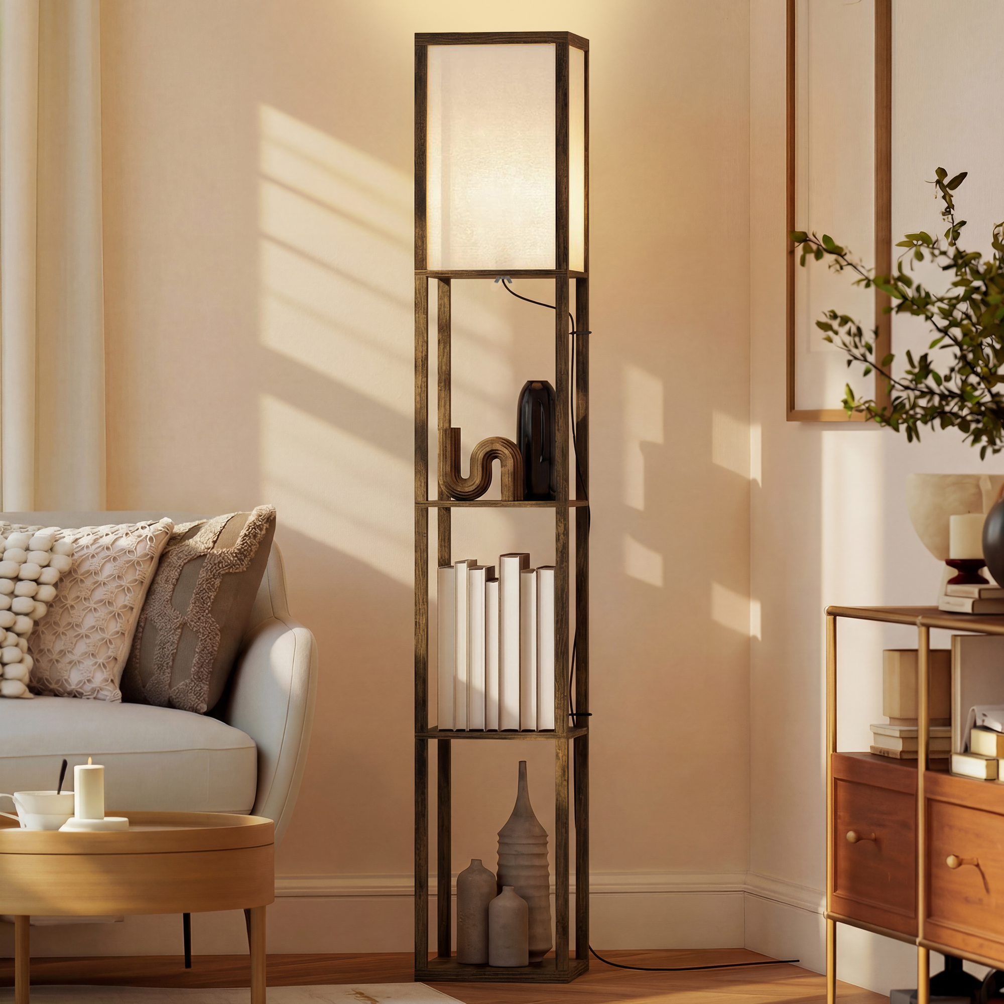 HOMCOM 3-Tier Floor Lamp with Shelves and Storage, Modern Corner Standing Lamp with Lampshade, Foot Switch for Living Room, Bedroom, Home Office, Bulb not Included, Brown