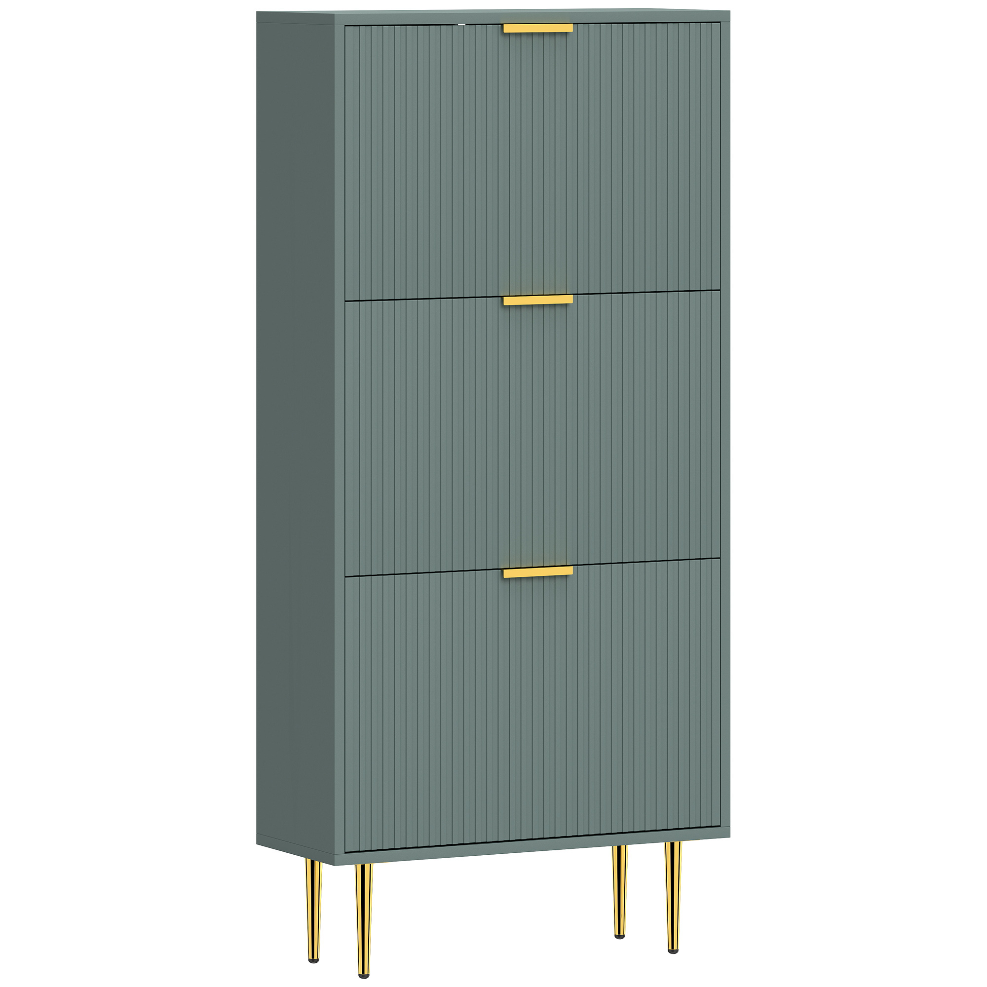Meuble à Chaussures 18 Paires, Armoire à Chaussures avec 3 Tiroirs, Façades Cannelées et Étagères Réglables, Vert Foncé
