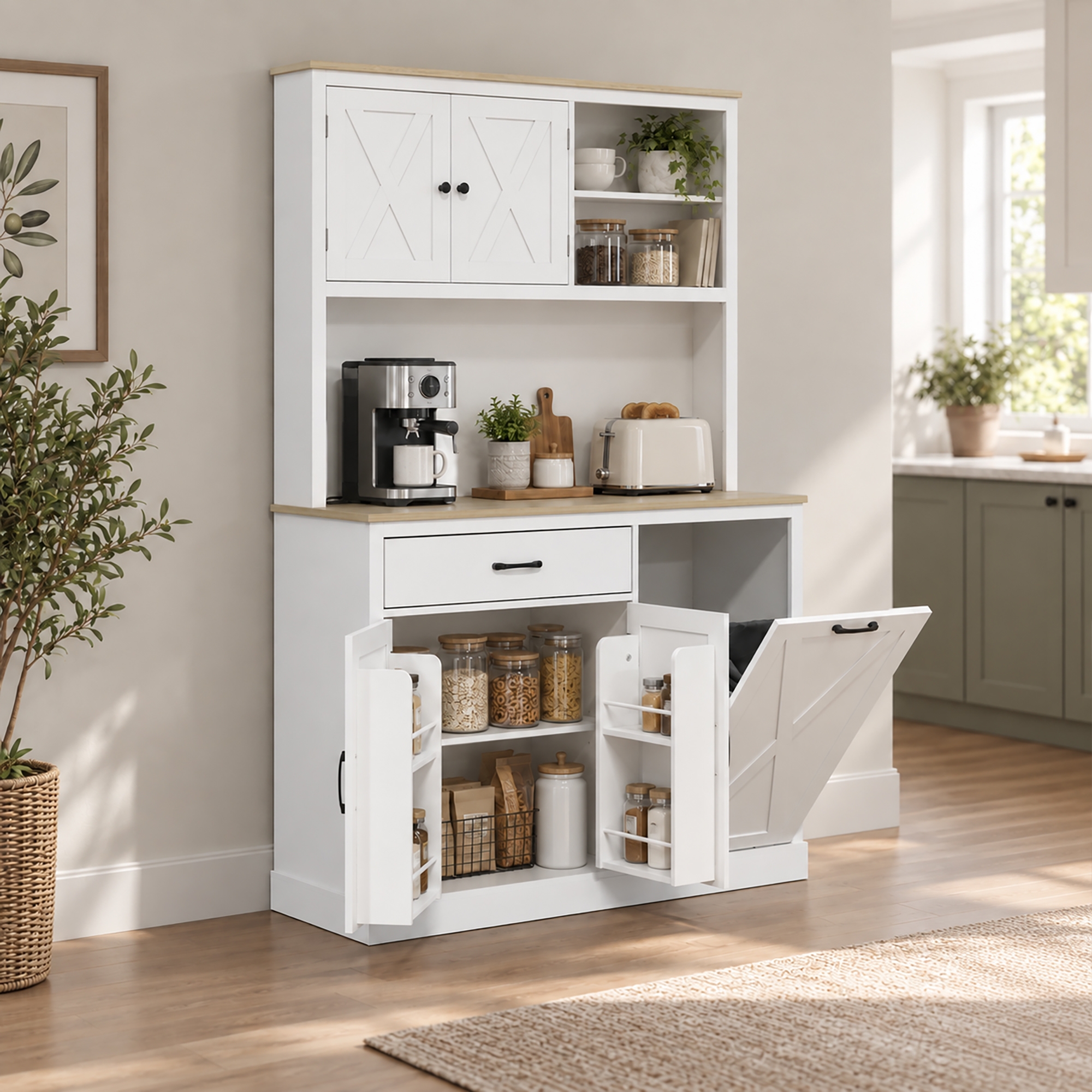 HOMCOM Pantry Cabinet with Charging Station| Microwave Stand| Rubbish Bin Cabinet| Adjustable Shelves| Barn Style Doors| White