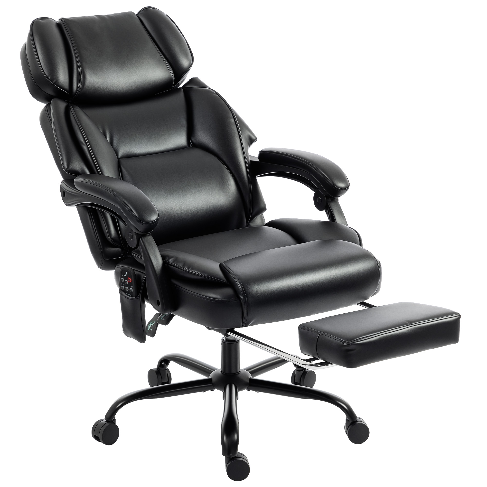 HOMCOM Massagestuhl Bürostuhl 6-Punkt Vibration, beheizt mit Fußstütze, drehbarer Chefsessel aus PU-Leder, Fernbedienung, höhenverstellbar, Armlehnen, Rollen, Schwarz Aosom