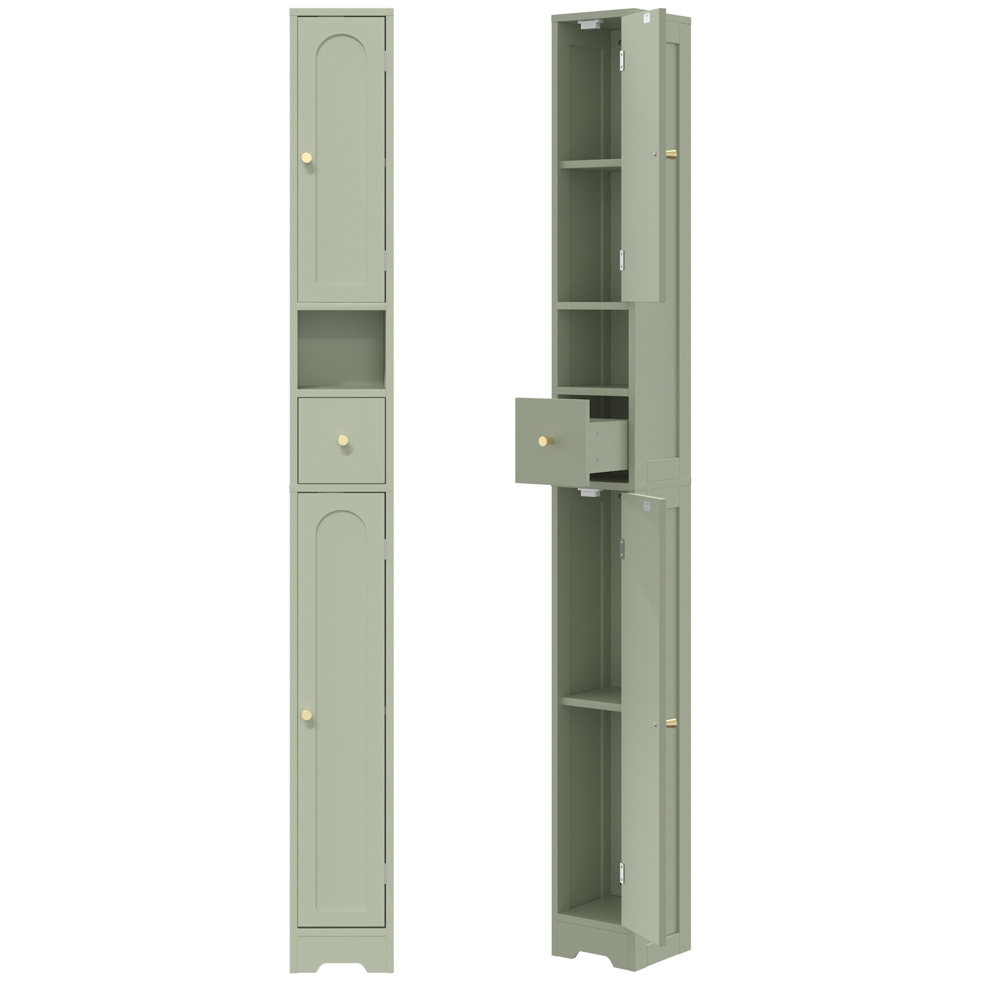 HOMCOM Säulenschrank für Badezimmer, schmaler Aufbewahrungsschrank mit 2 gewölbten Türen, Schublade, offenem Fach und verstellbarem Einlegeboden, für Toilette/Bad, kleine Räume, 20 x 20 x 185 cm, grün Aosom