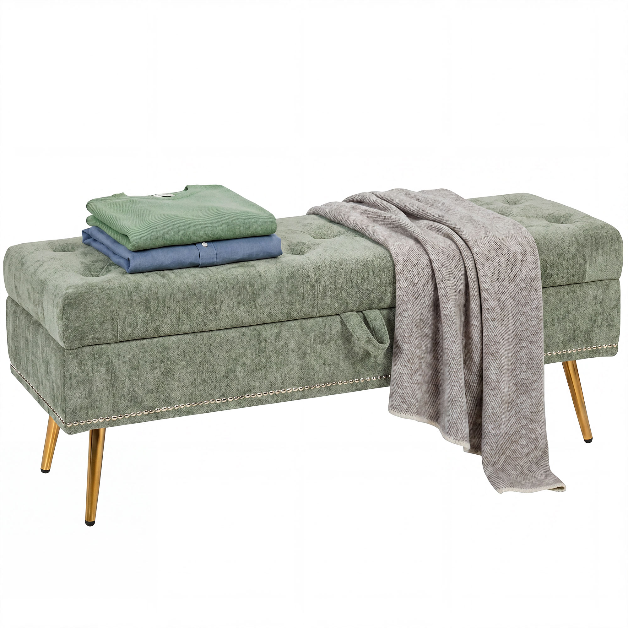 HOMCOM Storage Ottoman, Chenille Upholstered Ottoman Storage Box with Padded Seat, Metal Legs, 114 x 41 x 45 cm, Light Green