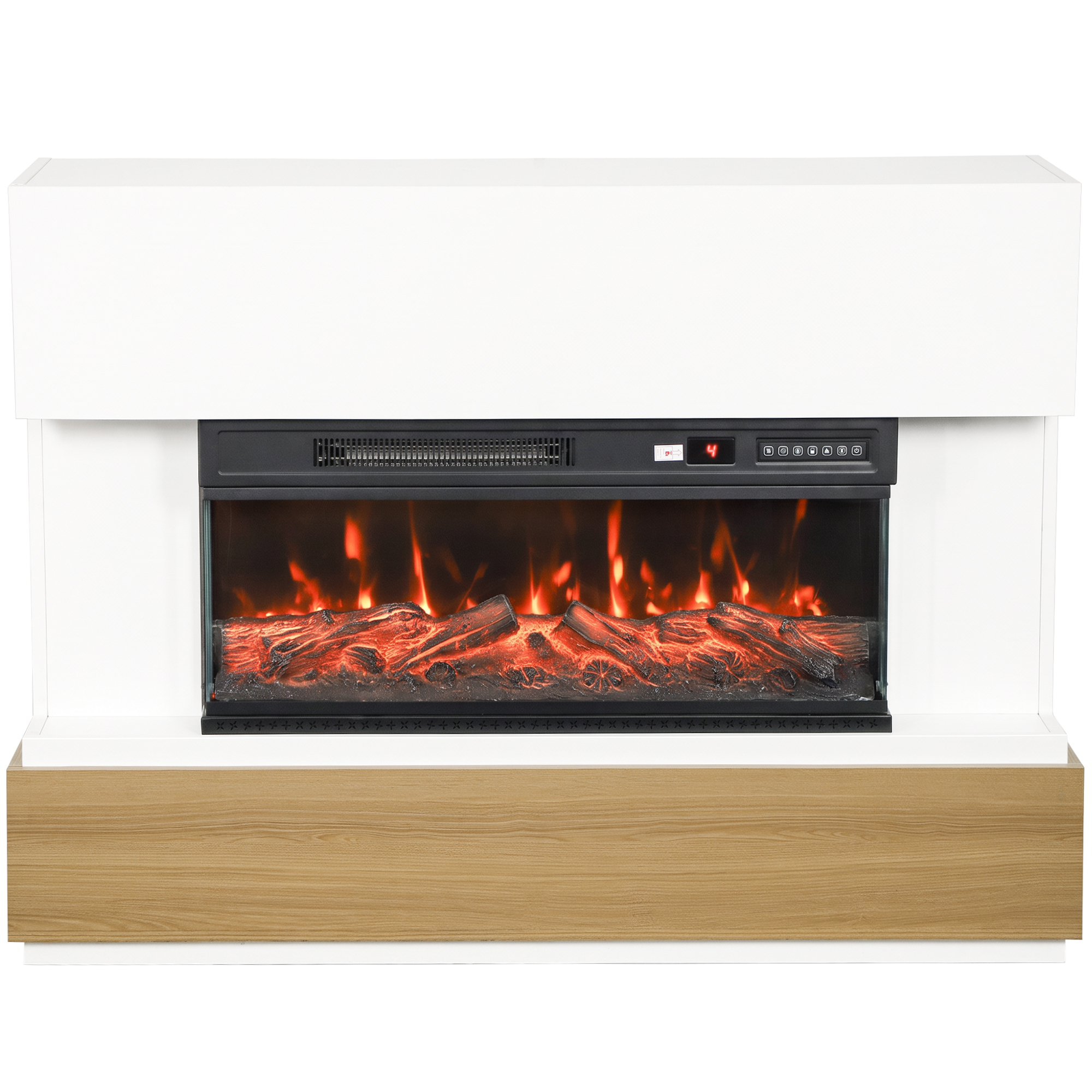 HOMCOM Elektrokamin mit Heizung, 1800 W, 3D-LED-Flammeneffekt, Elektrischer Kamin, Wandkamin mit 12 LED-Farben, 2 Heizstufen, Thermostat, Timer, Fernbedienung, für Fernseher bis 55 Zoll Weiß Aosom