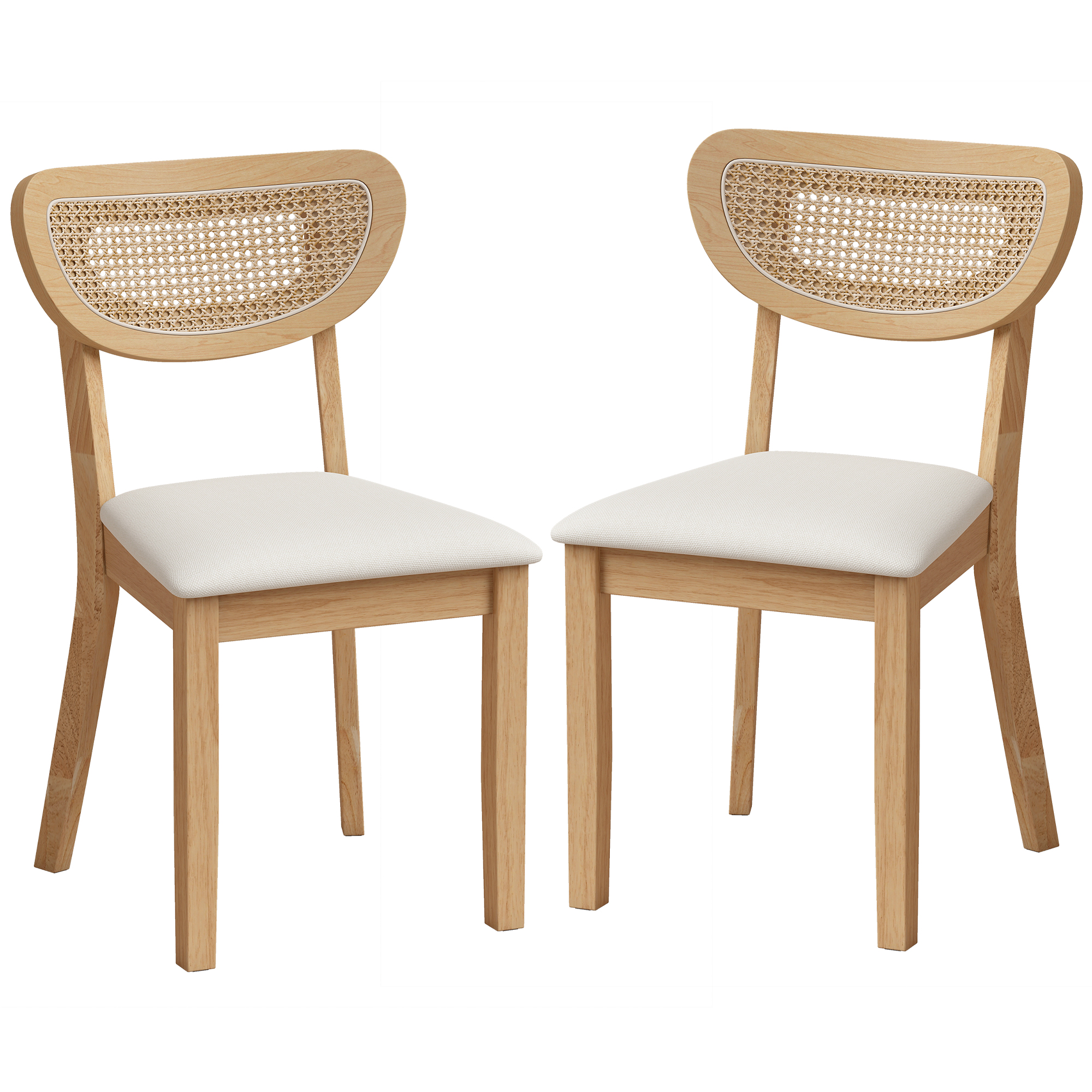 HOMCOM 2er-Set Esszimmerstühle, Gepolsterte Küchenstühle in Leinenoptik, Rückenlehne in Rattan-Optik und Hevea-Beine, Moderner Stil, für Wohnzimmer, Schlafzimmer, Beige Aosom