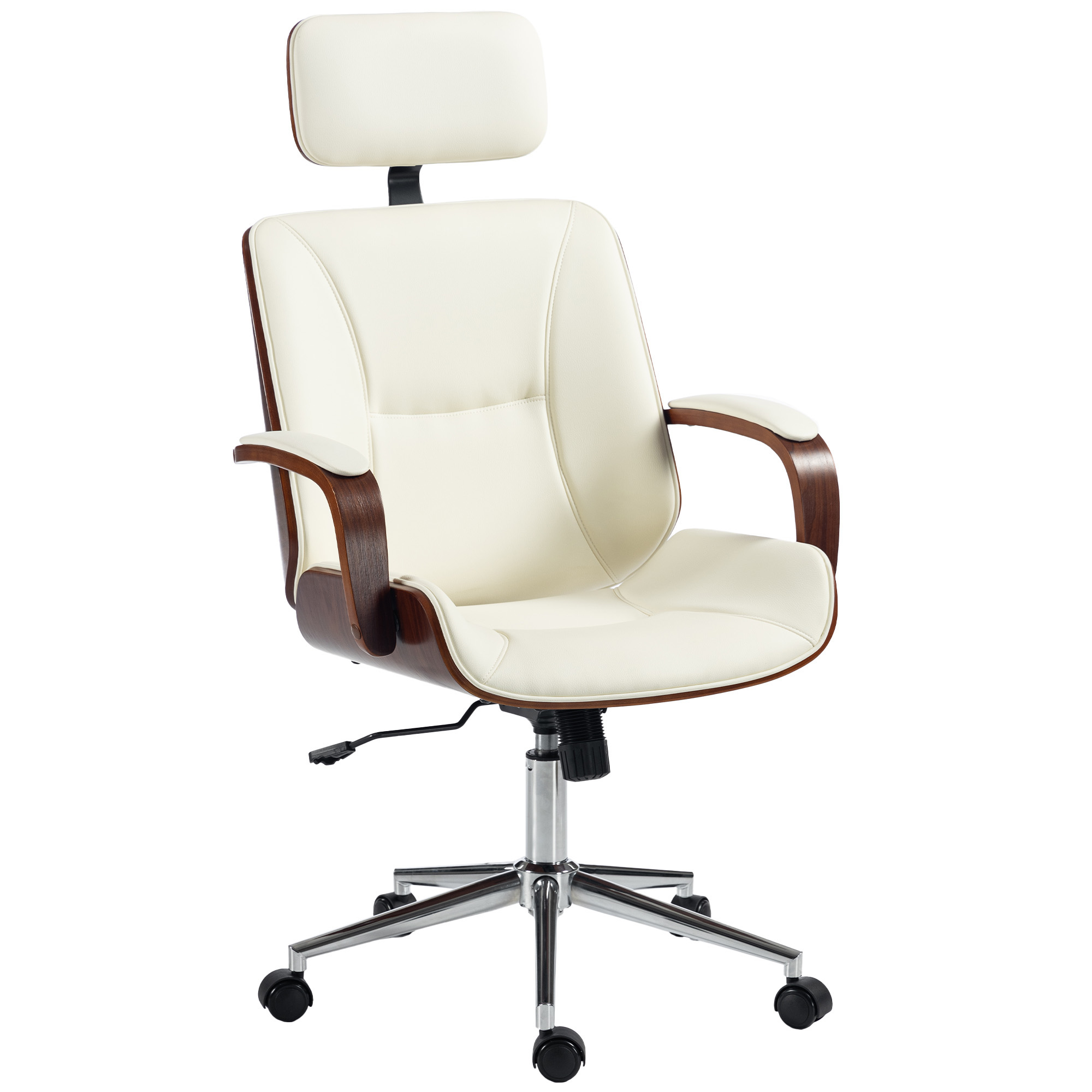 Vinsetto Bürostuhl, ergonomischer Schreibtischstuhl mit Kopfstütze, höhenverstellbar und mit Wippfunktion, für Schlafzimmer, Homeoffice, Belastung 120 kg, Kunstleder, Creme Aosom