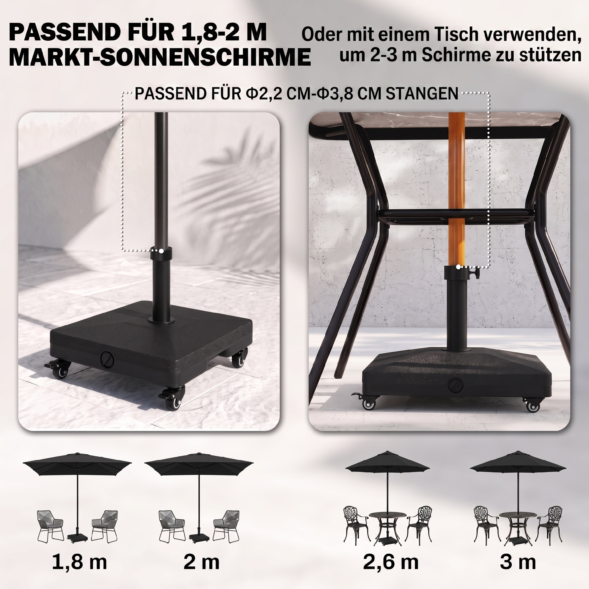 Päikesevarju alus, täidetav kuni 20 kg, HDPE kandiline päikesevarju alus ratastega, päikesevarju hoidik, päikesevarju raskus, päikesevarju alus Ø22-38mm, rõdule, terrassile, aeda, must